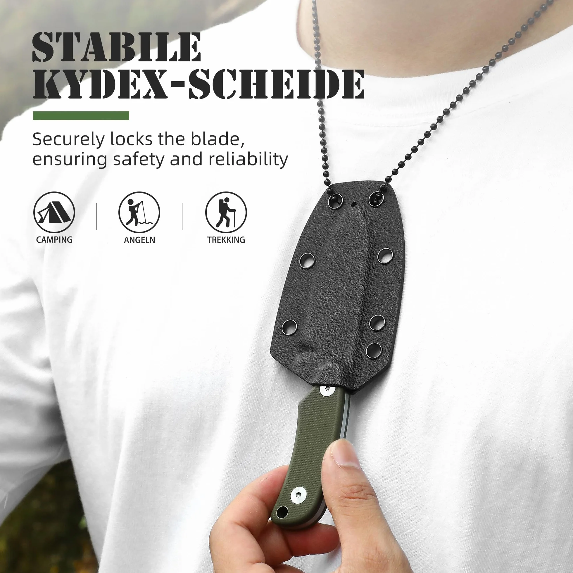 Omesio EDC Couteaux - Cuchillo de Cuello con funda Kydex, Cuchillo de Cuello Acero fijo pequeño D2 Full Tang Mango G10 Punta Nessmuk