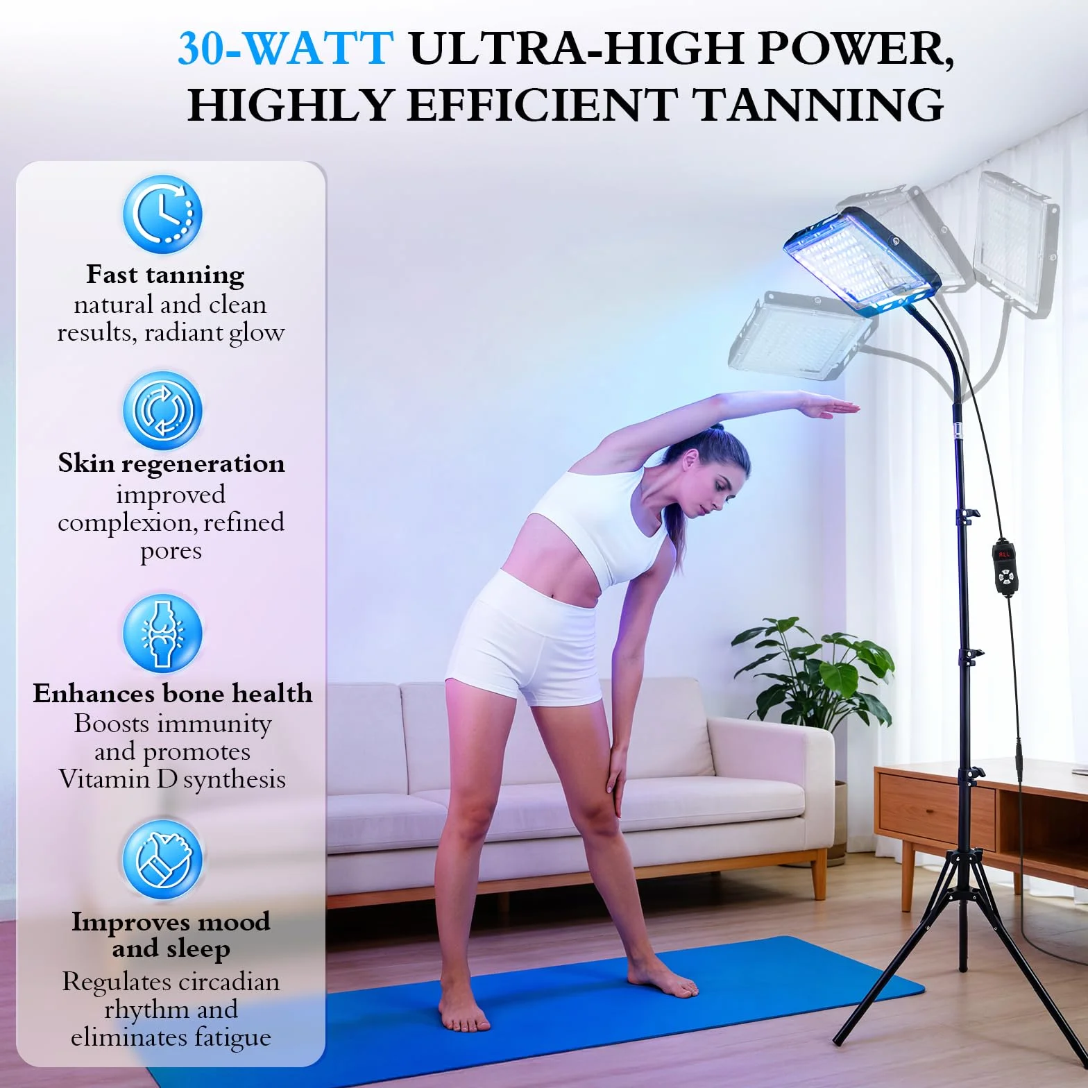 Lámpara de Bronceado 460nm 50W 225 LEDs Solarium Hogar 5 Niveles Luminosidad 4 Temporizadores Altura Ángulo Ajustables Rostro Cuerpo