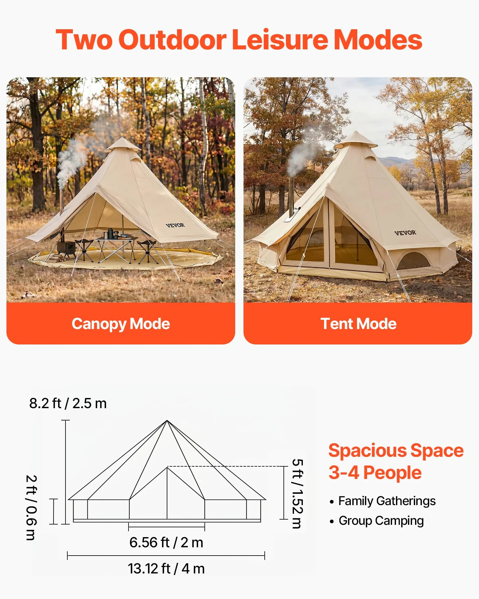 VEVOR Tienda de Campaña para 3-4 Personas, Tienda de Campaña Tipi de Tela Oxford Impermeable, con Salida de Humos de Estufa Suelo Desmontable Puerta de Malla, para Glamping Acampada Familias Amigos