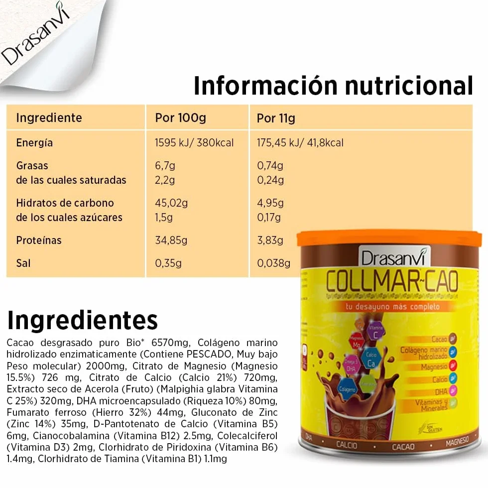 DRASANVI COLLMAR CAO Colageno Marino Hidrolizado Proteínas Vitaminas Magnesio Calcio Zinc 300 g