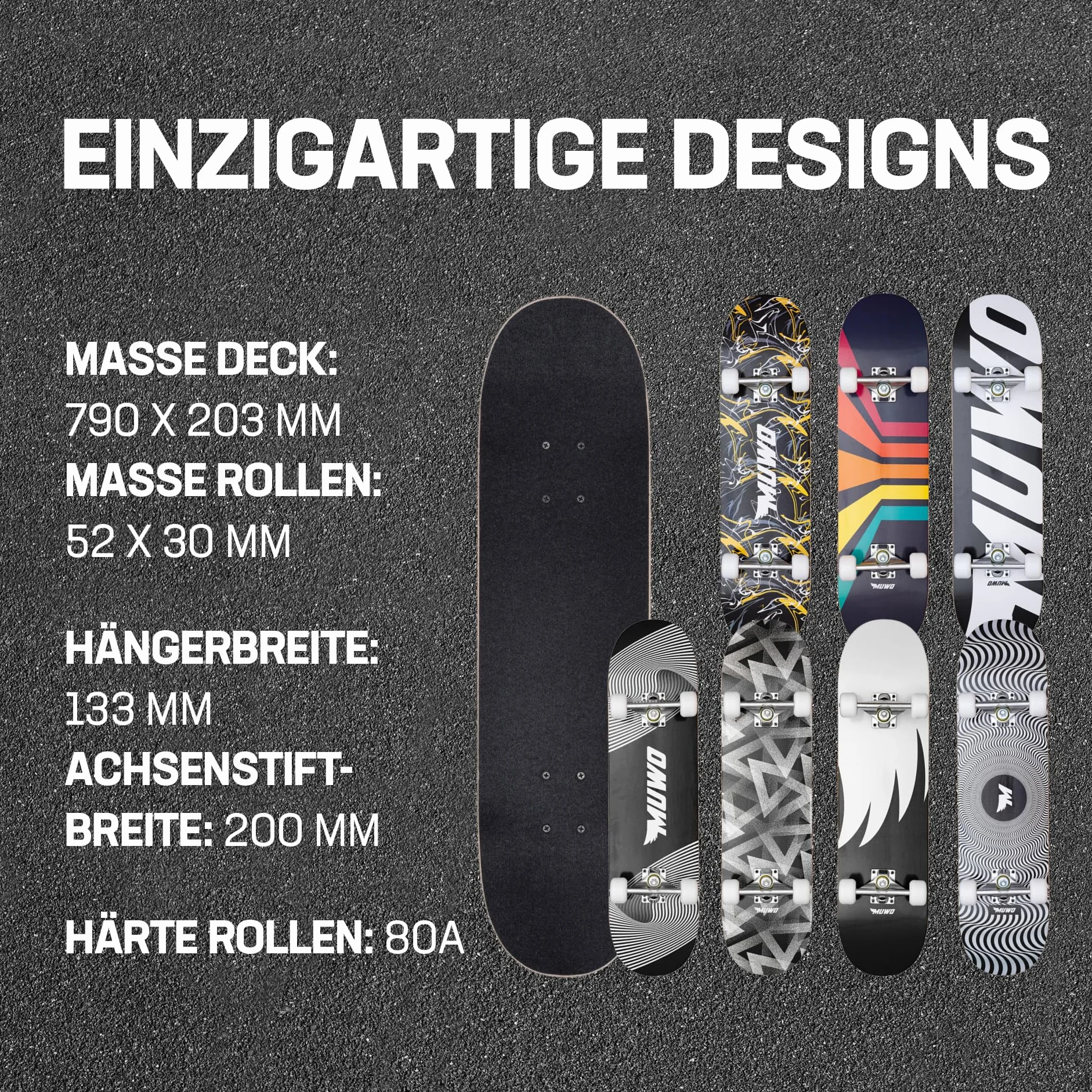 MUWO Street Skateboard 31 x 8 pulgadas – Tabla completa para principiantes de madera estable y aluminio, adecuado para niños, adolescentes y adultos con diferentes motivos (Swing & Wing)