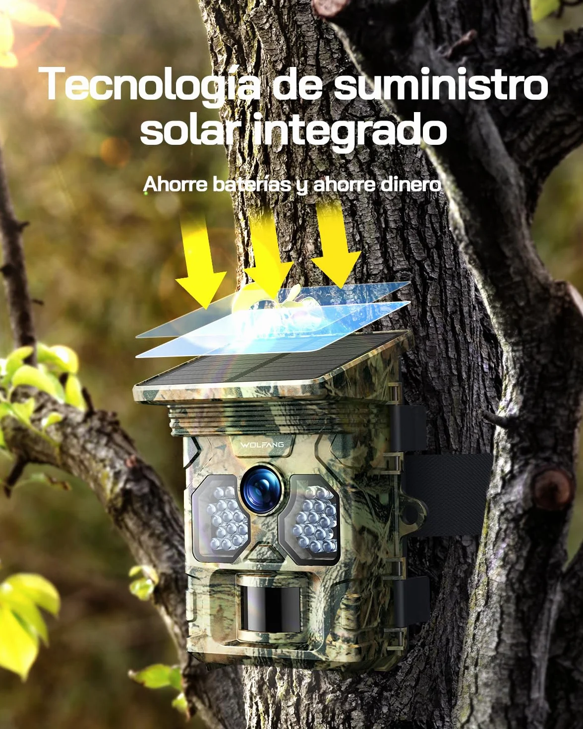 WOLFANG Cámara de Caza Solar 4K 48MP, Camara Fototrampeo con Visión Nocturna, Disparo de 0.1 s, IP66 Impermeable, Camara Caza para Monitoreo de Vida Silvestre con Tarjeta Micro SD 32GB