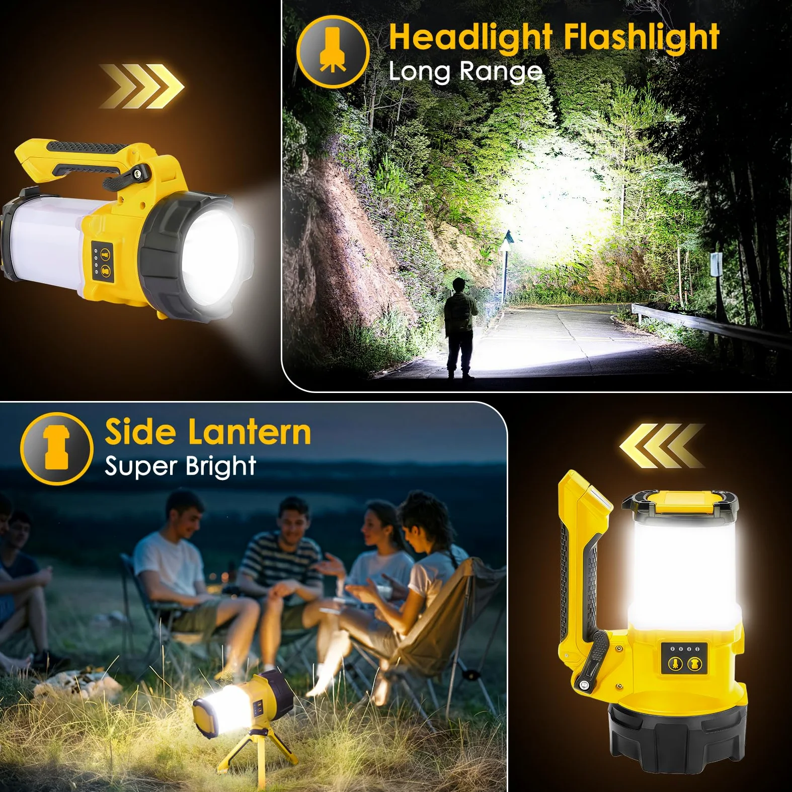 BOBKID - Linterna de camping recargable, 6 modos, linterna LED de mano con 2000 lúmenes, banco de energía de 4400 mAh, reflector impermeable IPX4, luz de trabajo para kits de supervivencia de