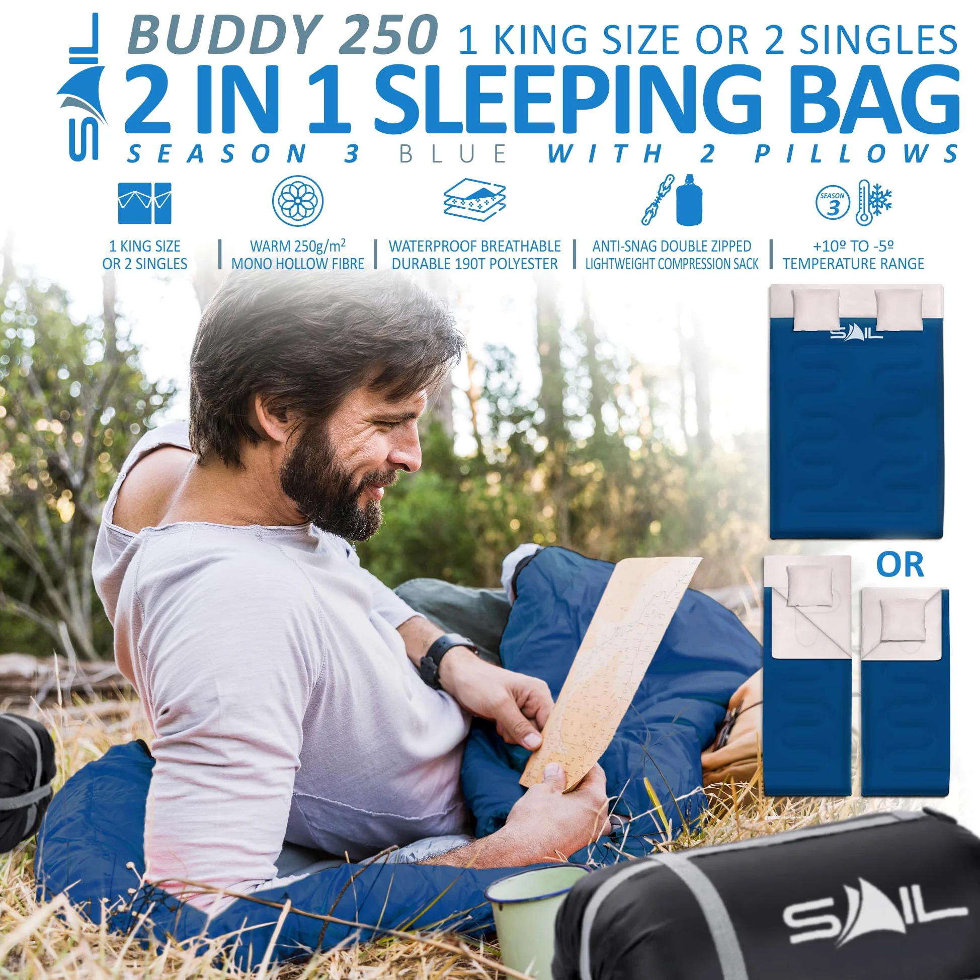 SAIL Saco de Dormir Doble con 2 Almohadas, Extra Grande para 3-4 Estaciones, Ligero, Impermeable, Uso en Interiores y Exteriores, para Adultos, para Senderismo, mochileros y Camping