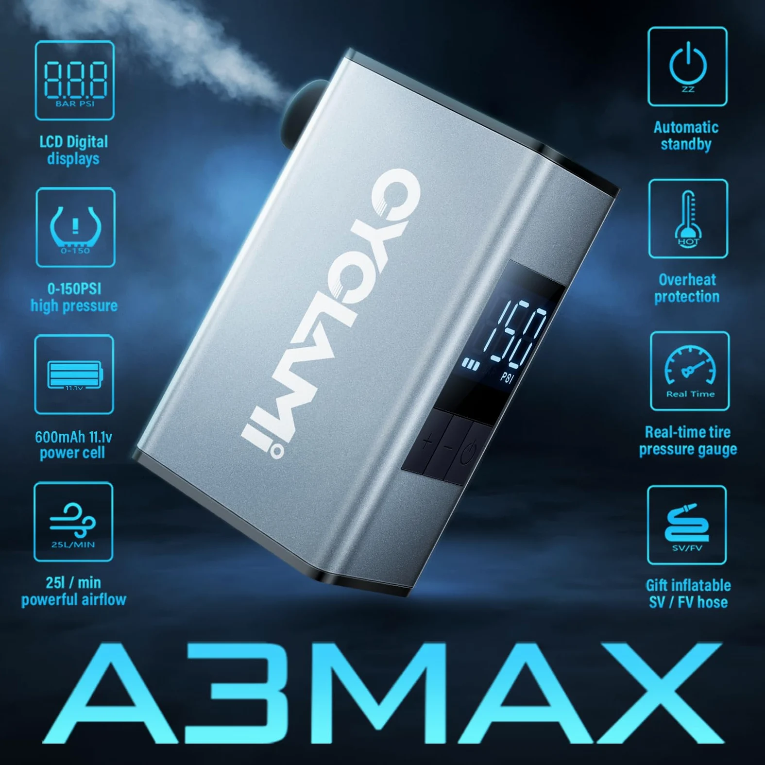 A3MAX Mini Bomba Bicicleta, 150PSI Aluminio Bomba de Aire Portátil para Bicicleta con Manómetro,Electrico Bicicleta con válvula Presta y Schrader,Parada Automática
