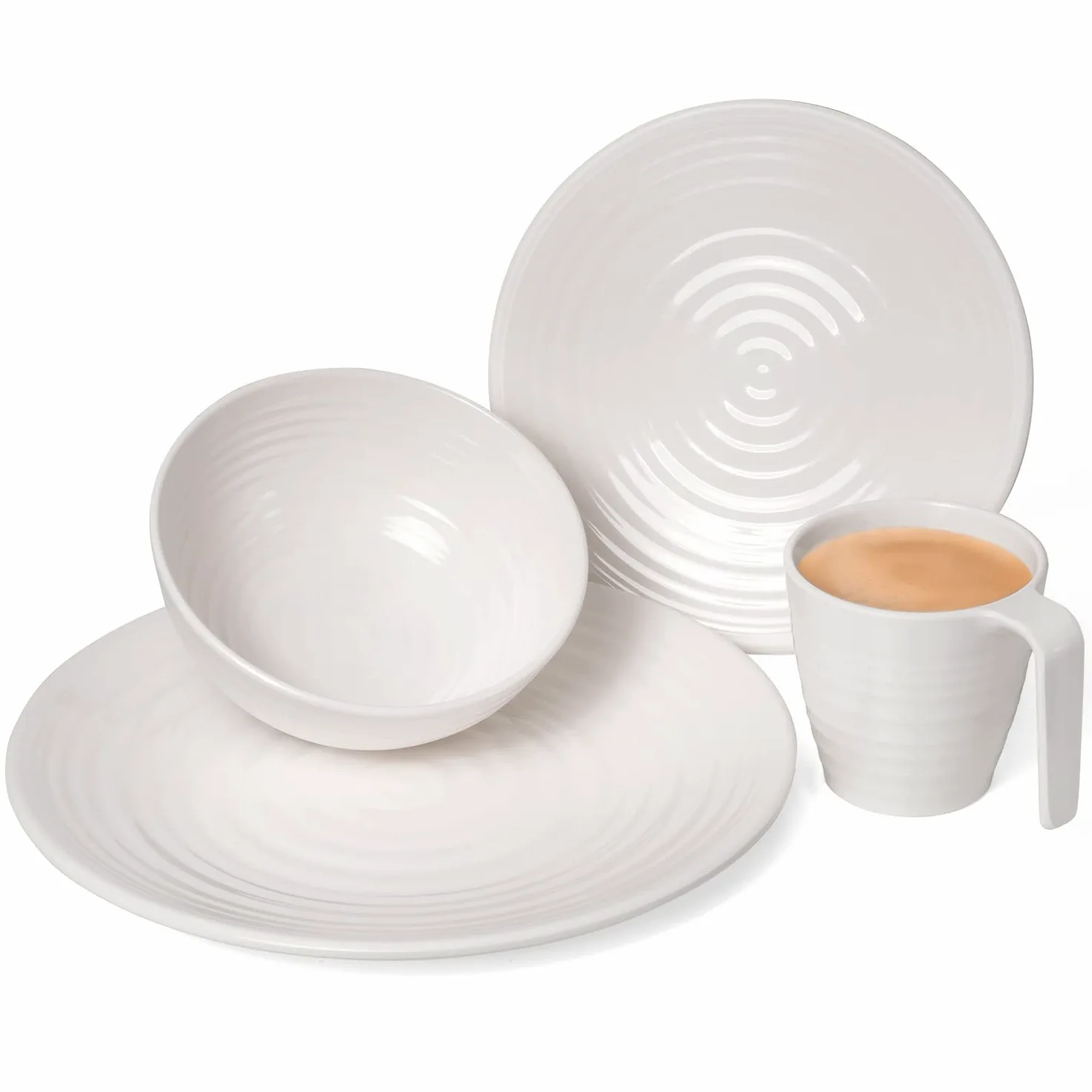 Vajilla de melamina para camping, 4 personas, color crema, 16 piezas + 4 vasos de vino blanco Tiamo