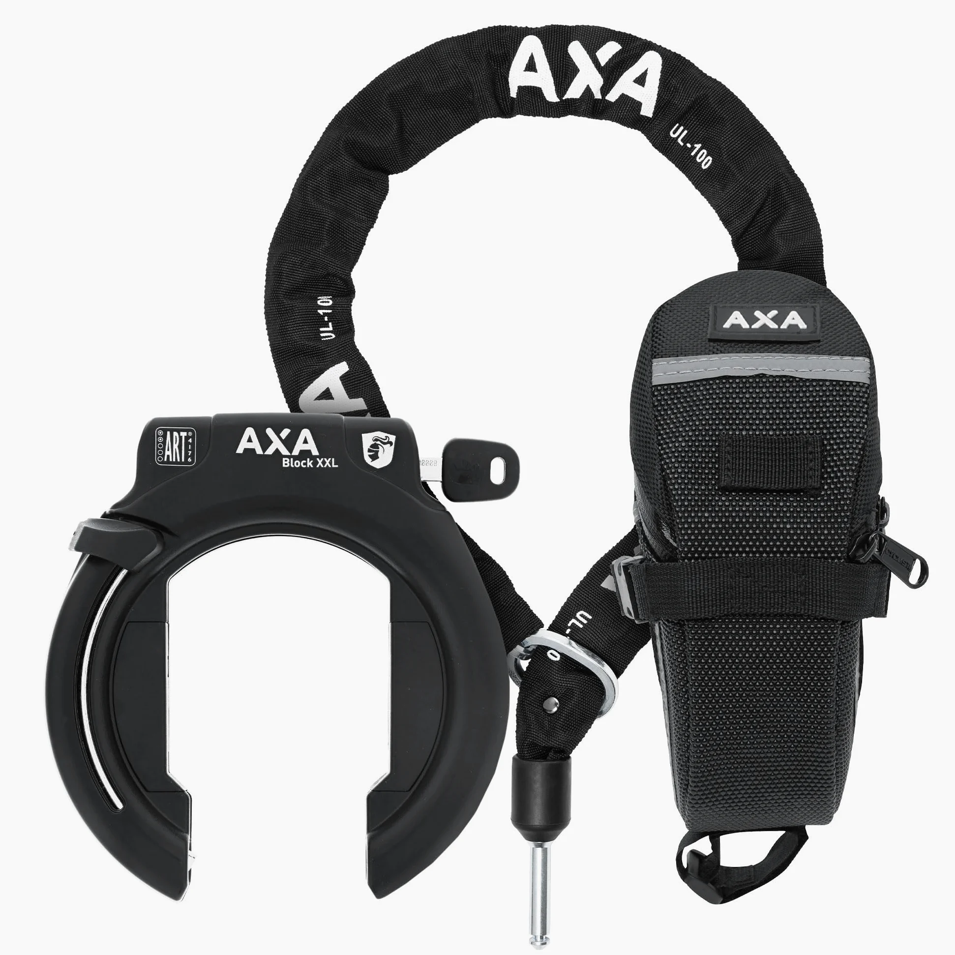 AXA Block XXL - Candado para cuadro + cadena ULC 100 con bolsa - Candado para bicicleta con cadena plug-in - Nivel de seguridad 12 - Longitud 100 cm - Llave no extraíble
