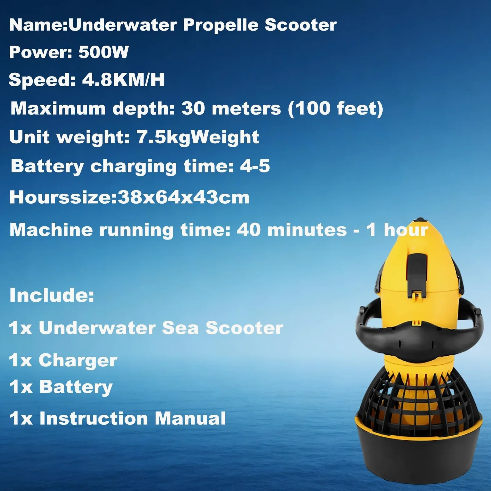 Scooter subacuático para Piscina, Scooter subacuático, Scooter de Buceo para Deportes acuáticos con Manillar, Scooter acuático Compacto y portátil para Adultos y niños