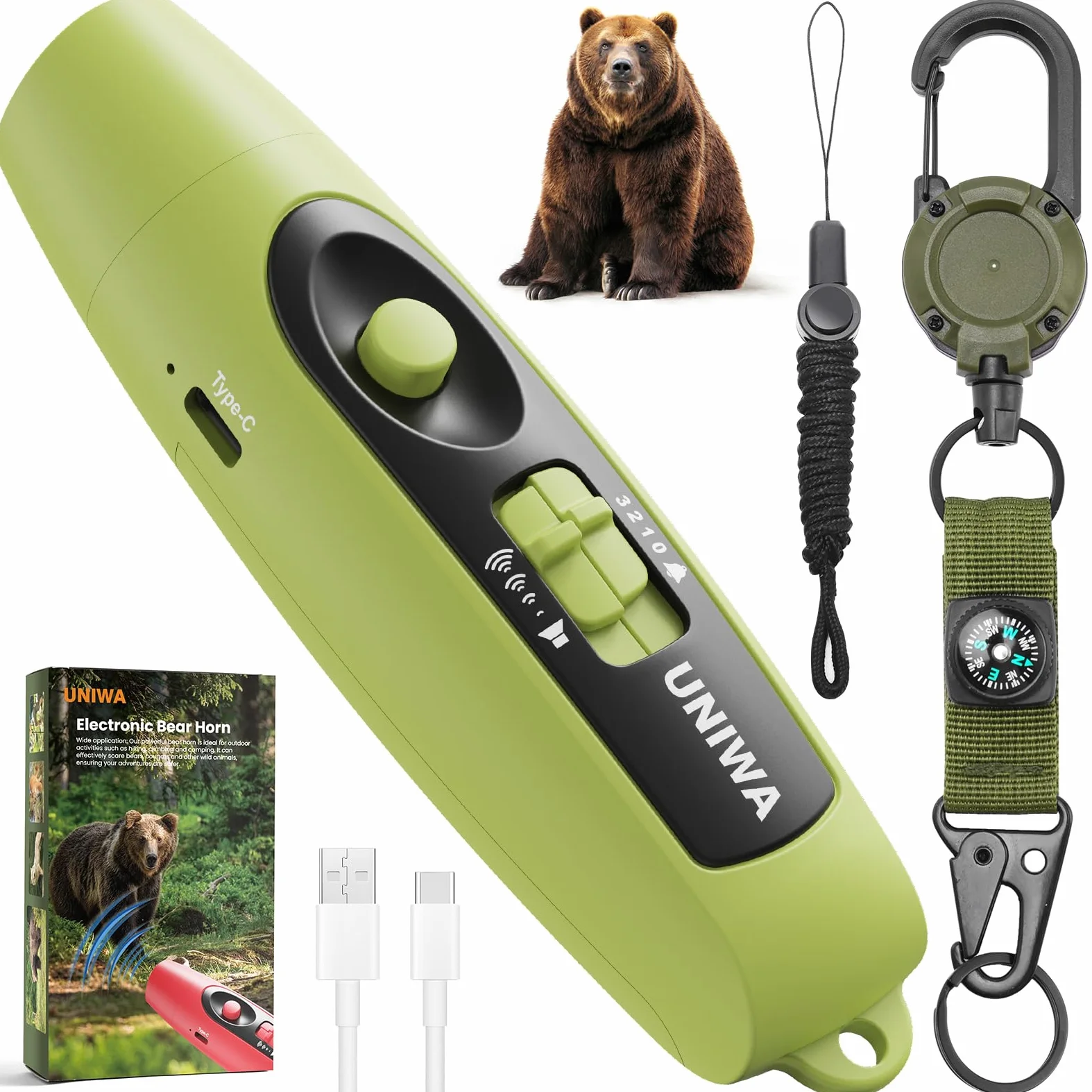UNIWA Bocina electrónica de oso de aire, bocina de aire fuerte de 120±5 dB para seguridad, senderismo, camping, silbato de emergencia con brújula y termómetro, cuerno de oso para asustar a los osos