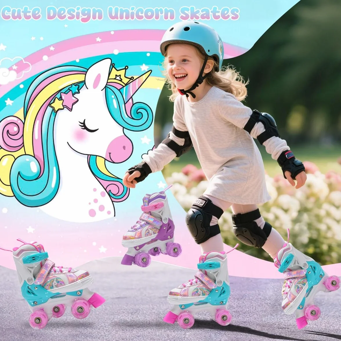 Patines 4 Ruedas Niña,Patines Niña,Patins Regulables en 4 Tamaños con 8 Ruedas Intermitentes para Niños,Niñas y Principiantes