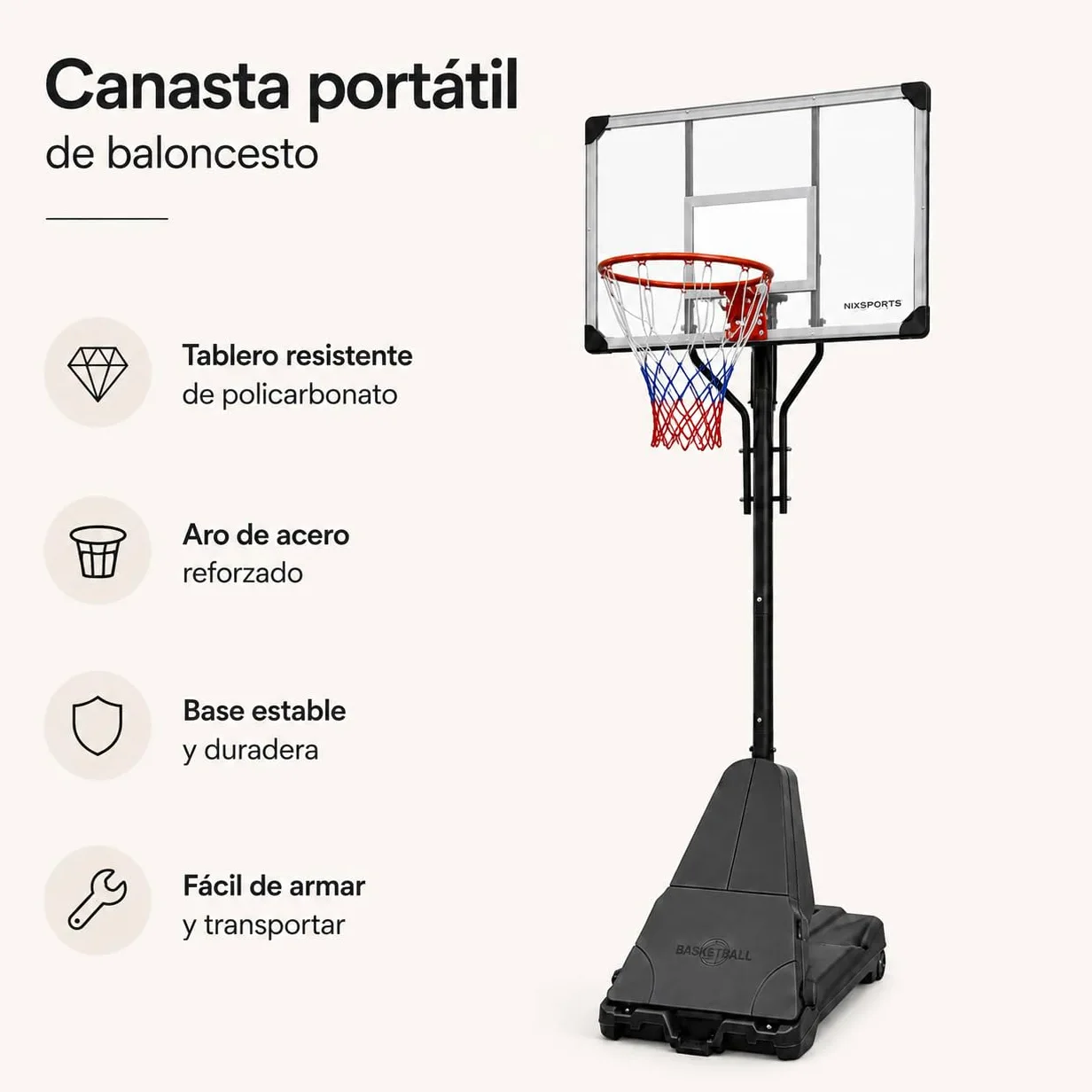 Canasta de Baloncesto portátil Regulable con Ruedas – Base rellenable, aro metálico con Red Tricolor – Uso jardín y Exterior