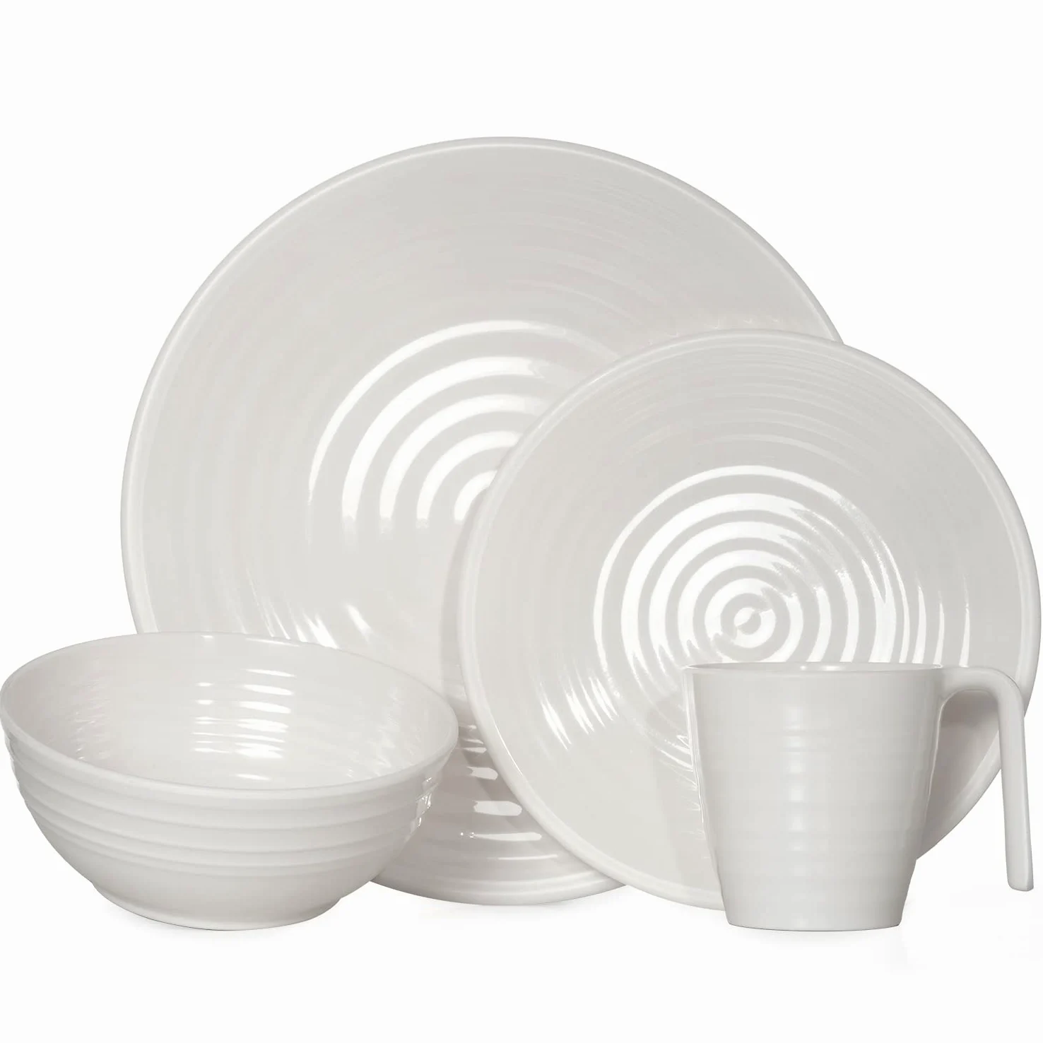 Vajilla de melamina para camping, 4 personas, color crema, 16 piezas + 4 vasos de vino blanco Tiamo