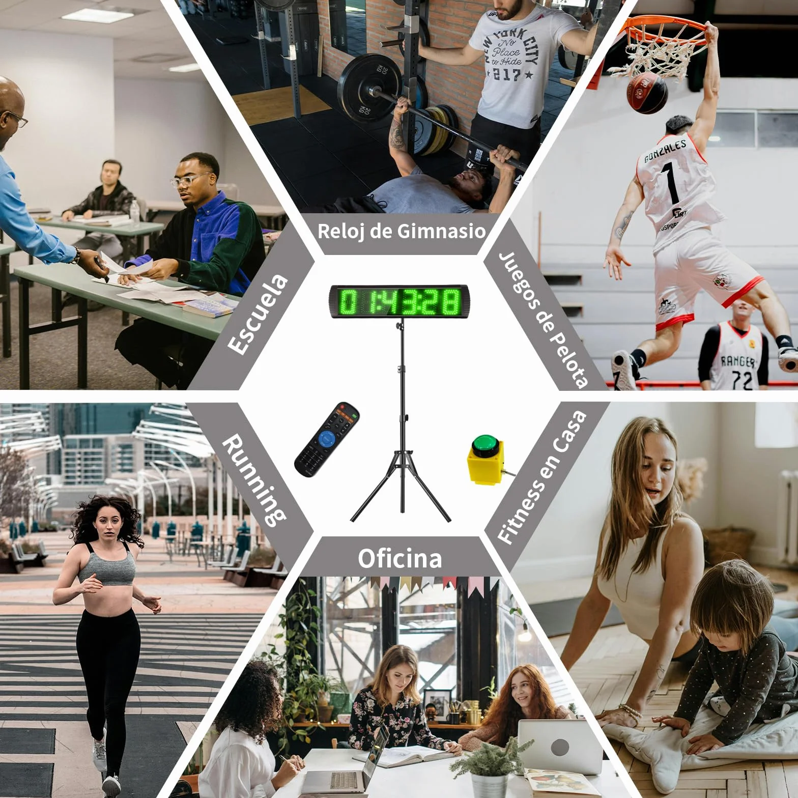 Temporizador con Botón de Inicio/Parada, Cronometros Deportivos 5'' con Soporte, 6 dígitos Temporizador de Cuenta Atrás/Arriba con Control Remoto, 12/24H Temporizado Digital para Maratón