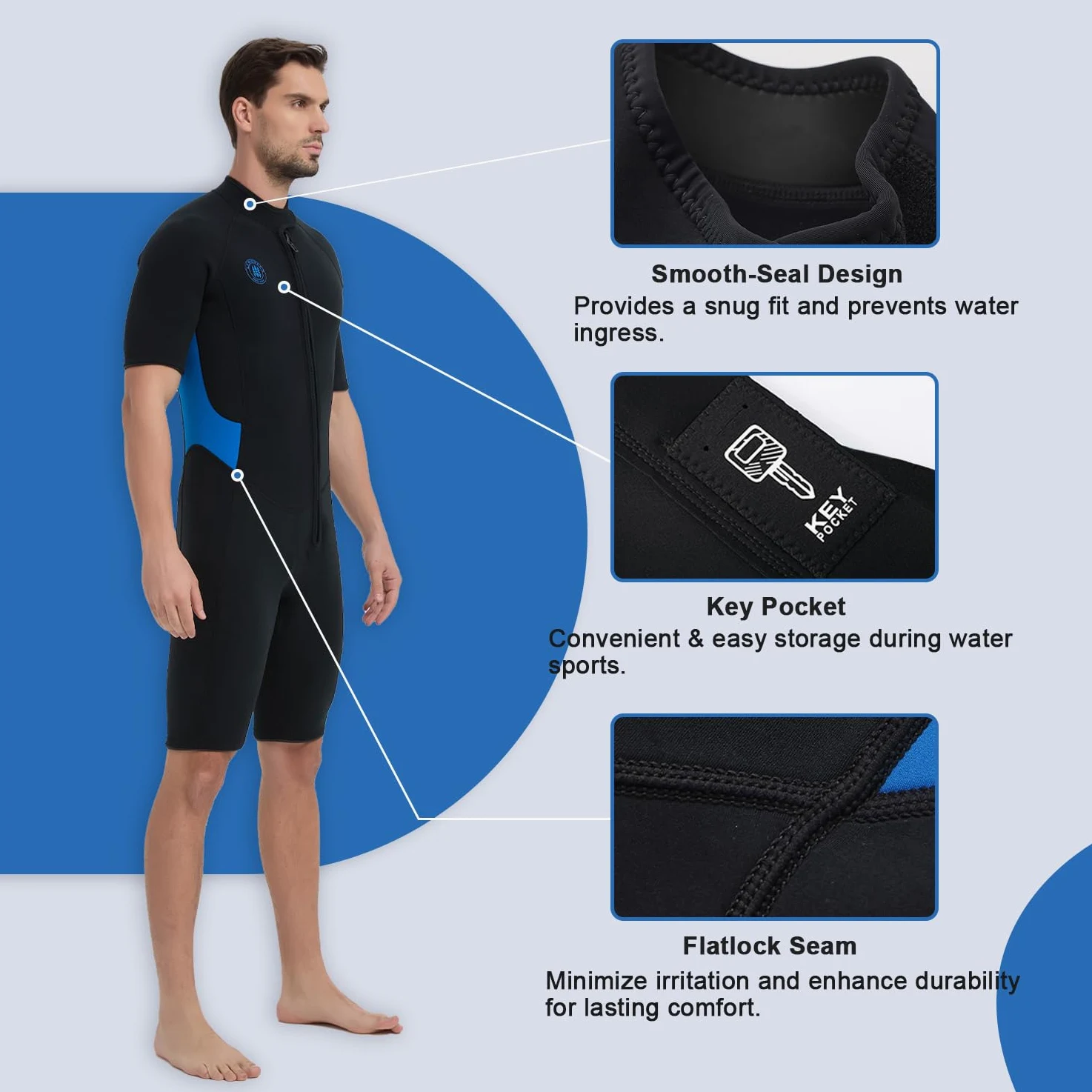 Lemorecn Traje de neopreno corto de 2 mm para hombre y mujer, traje de buceo de neopreno ultra elástico de manga corta traje de neopreno con cremallera frontal traje de baño térmico