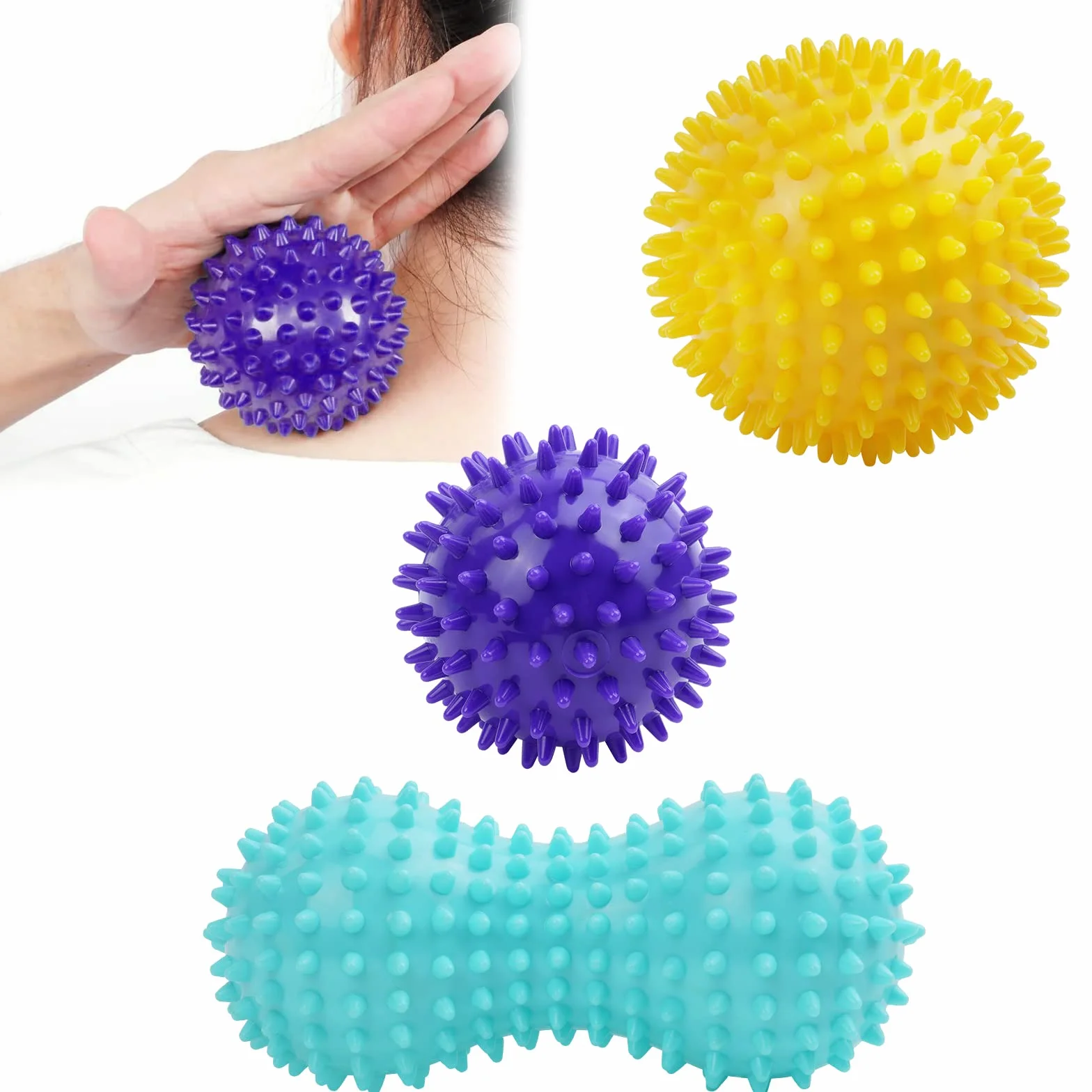 Bolas Masaje 3 Piezas Pelota Masaje Muscular con Pinchos Masajeador Rehabilitación Fascitis Plantar Fisioterapia Cervicales Morado