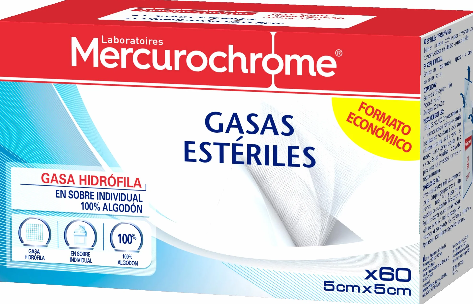 MERCUROCHROME Gasas Esteriles 60 Gases 100% Algodón Sobres Individuales Cuidado de Heridas