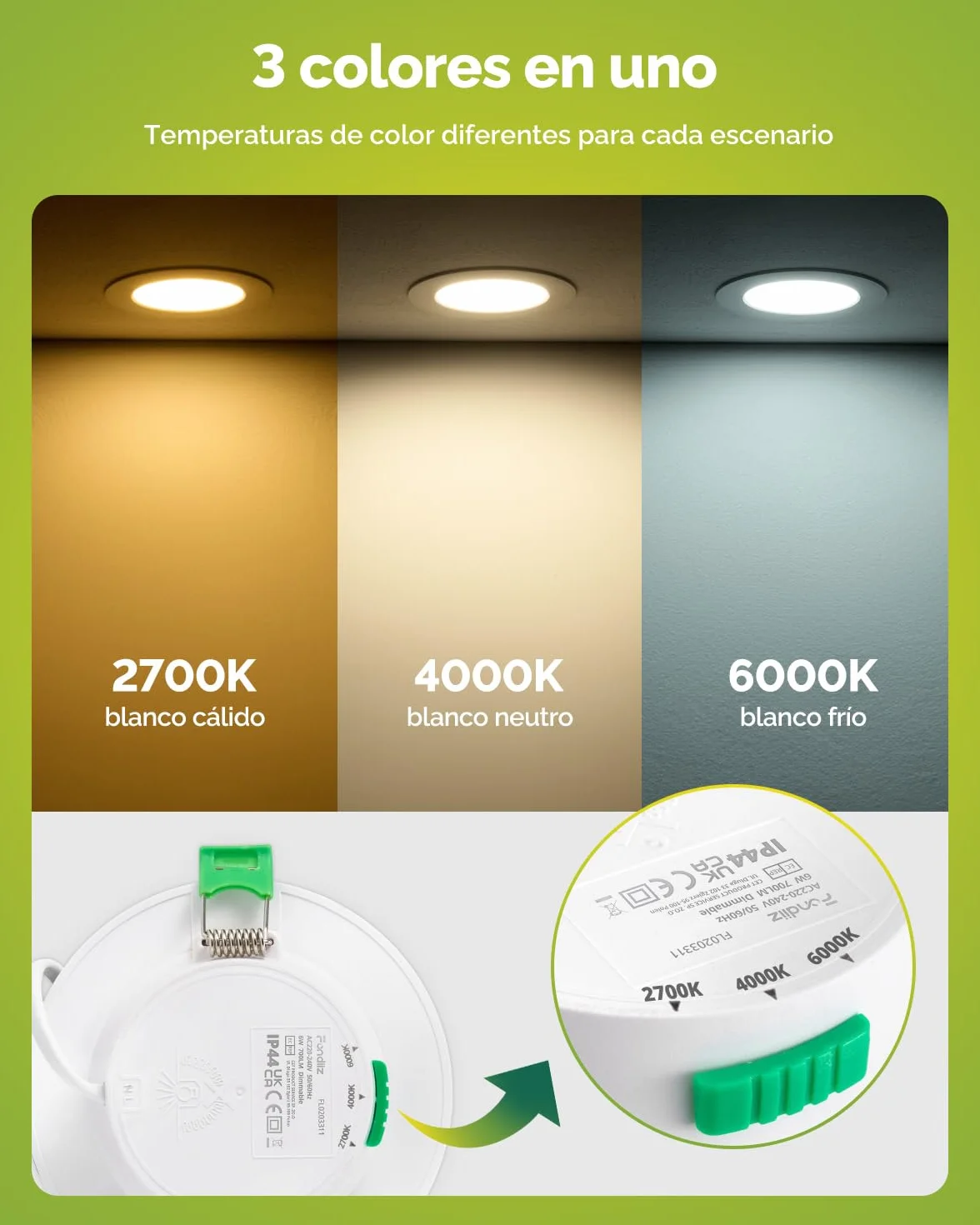 Fondiiz 12 Pack Focos LED Interior Techo Regulable 6W Downlight IP44, Corte 75mm-90mm, Diámetro 98mm
