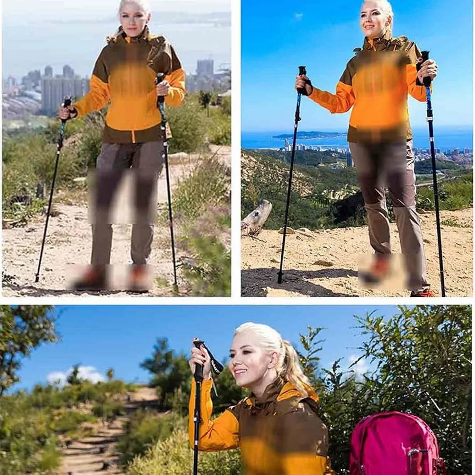 Bastones de senderismo ligeros y plegables, bastones telescópicos de 5 secciones, cuerpo de fibra de carbono, ajustable de 105 a 120 cm para actividades al aire libre