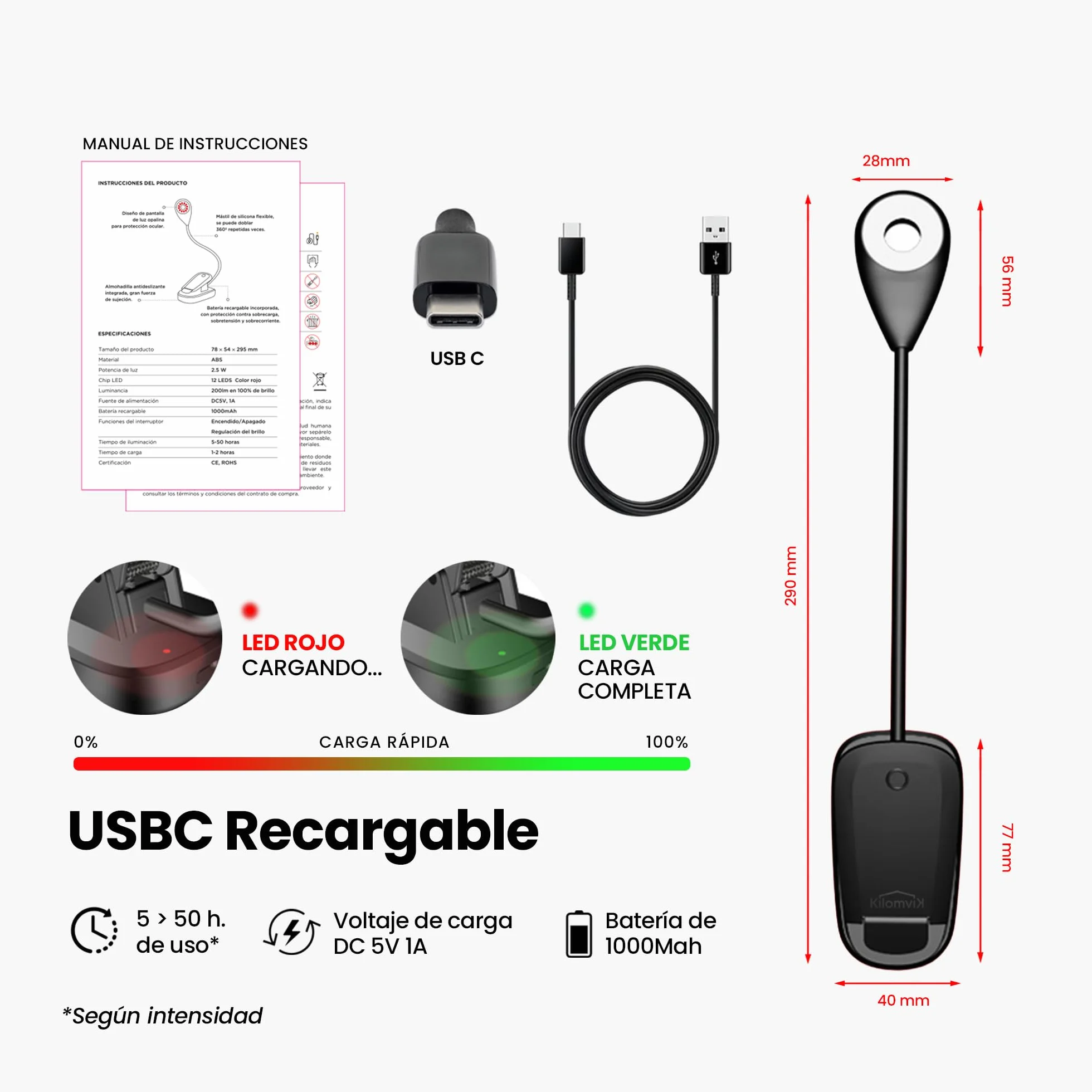 Lámpara Luz Roja Nocturna Melatonina 0% Luz Azul Sin Flicker Recargable USB 3 Intensidades Pinza Cuello Flexible 360°