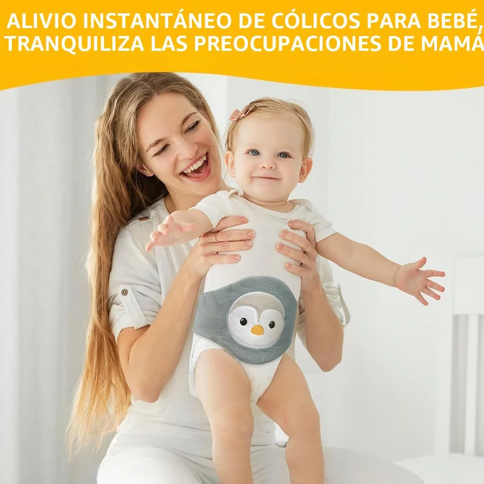 Vicloon Cinturón Anticólico para Bebé, Cojín Térmico Ajustable con Partículas de Arcilla, Lavable, para Dolor Abdominal (Pingüino)