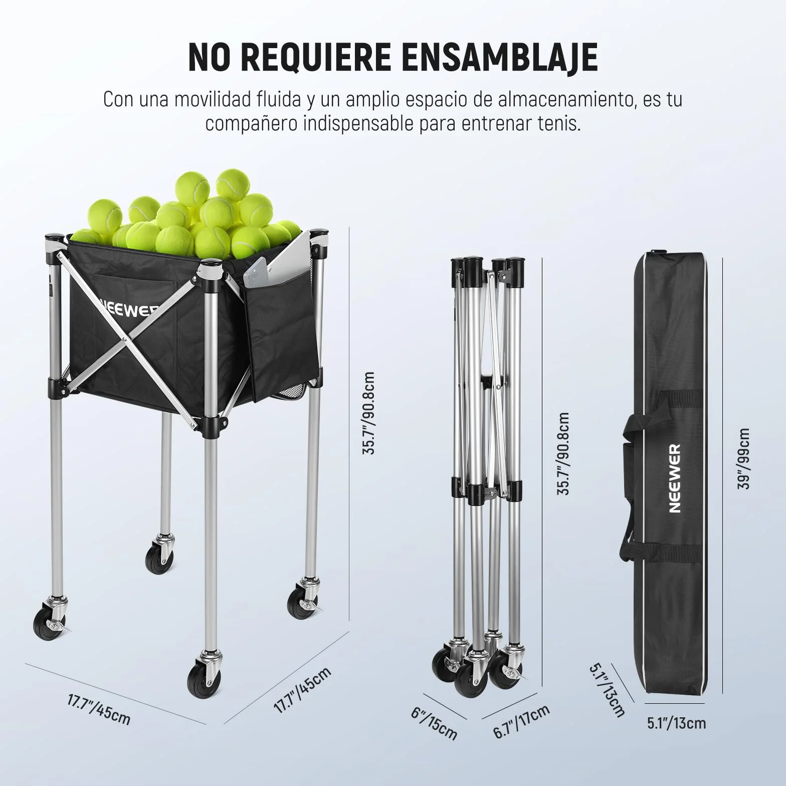NEEWER Contenedor de Pickleball con Ruedas, Plegable Poliéster Picker Upper Hopper Carrying Basket Cart Holder con Bolsillo Lateral