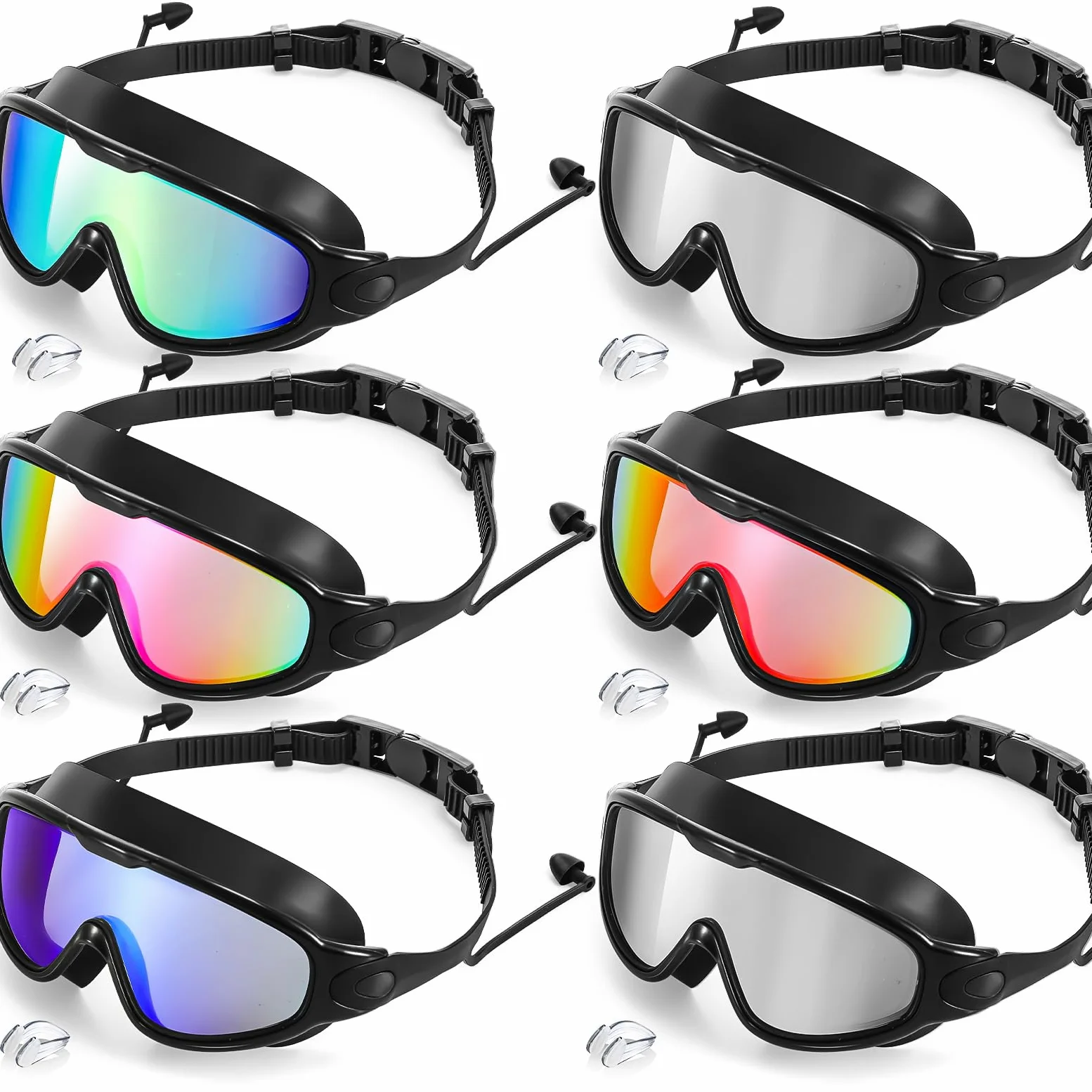 Kanayu 6 gafas de natación de visión amplia sin fugas, gafas de natación antivaho para adultos, con tapones para los oídos y clip de nariz para verano, adultos, hombres, mujeres, jóvenes, protección