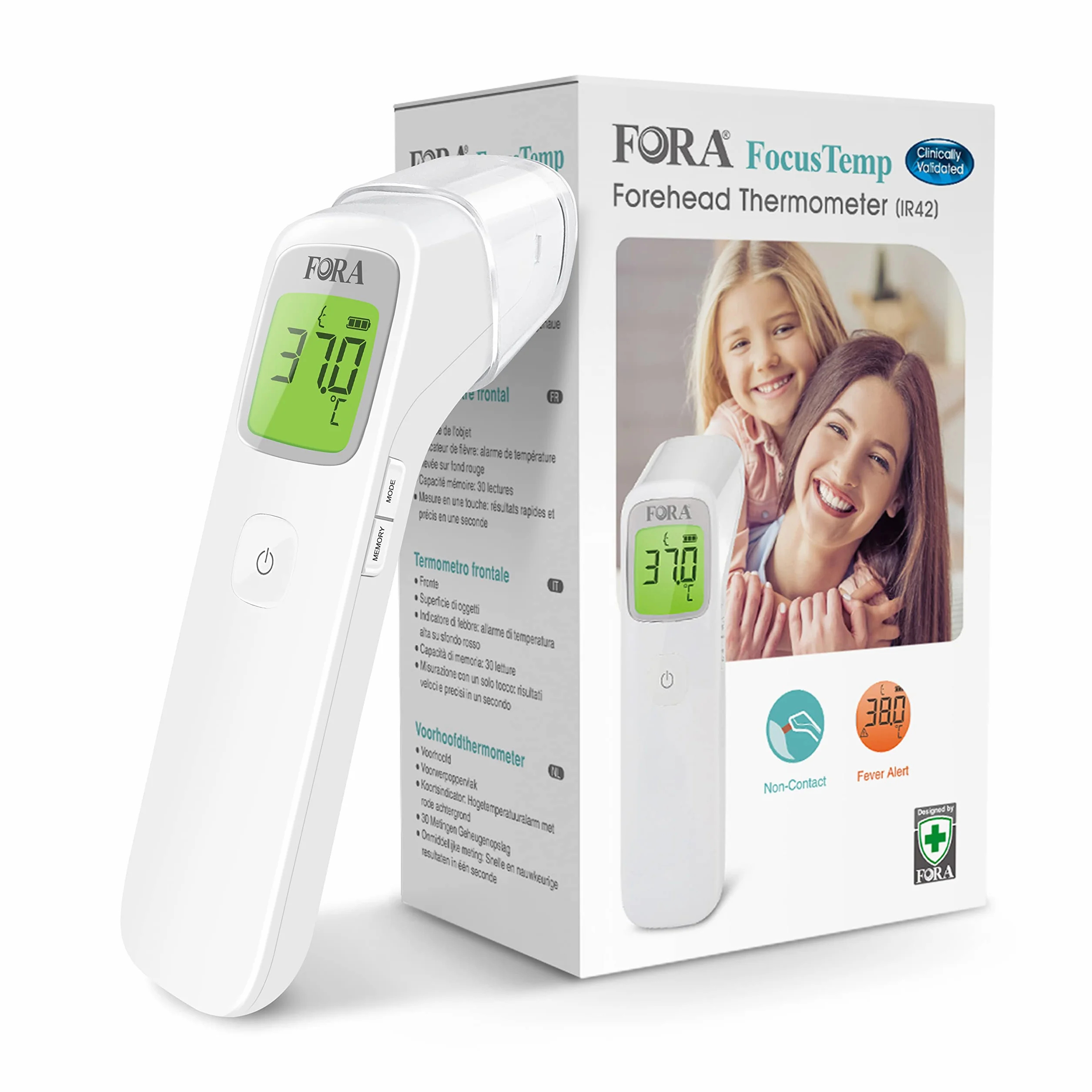 FORA IR42 Termómetro infrarrojo de frente sin contacto para fiebre, medición inmediata y precisa, indicador LED