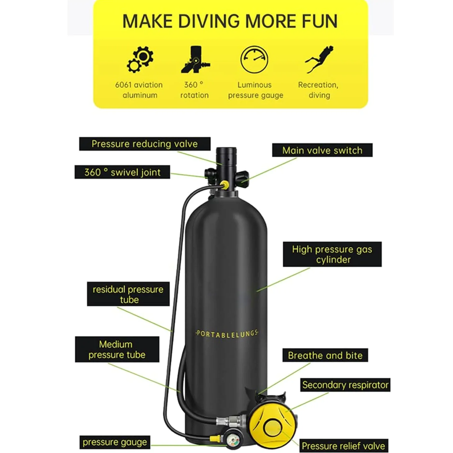 Mini Tanque de Buceo con máscara de Buceo, 30-60 Minutos de respiración bajo el Agua,Botella de Tanque de Buceo Reutilizable de 3L/4L, Tanque de Buceo de presión máxima de 3000 PSI A-3L