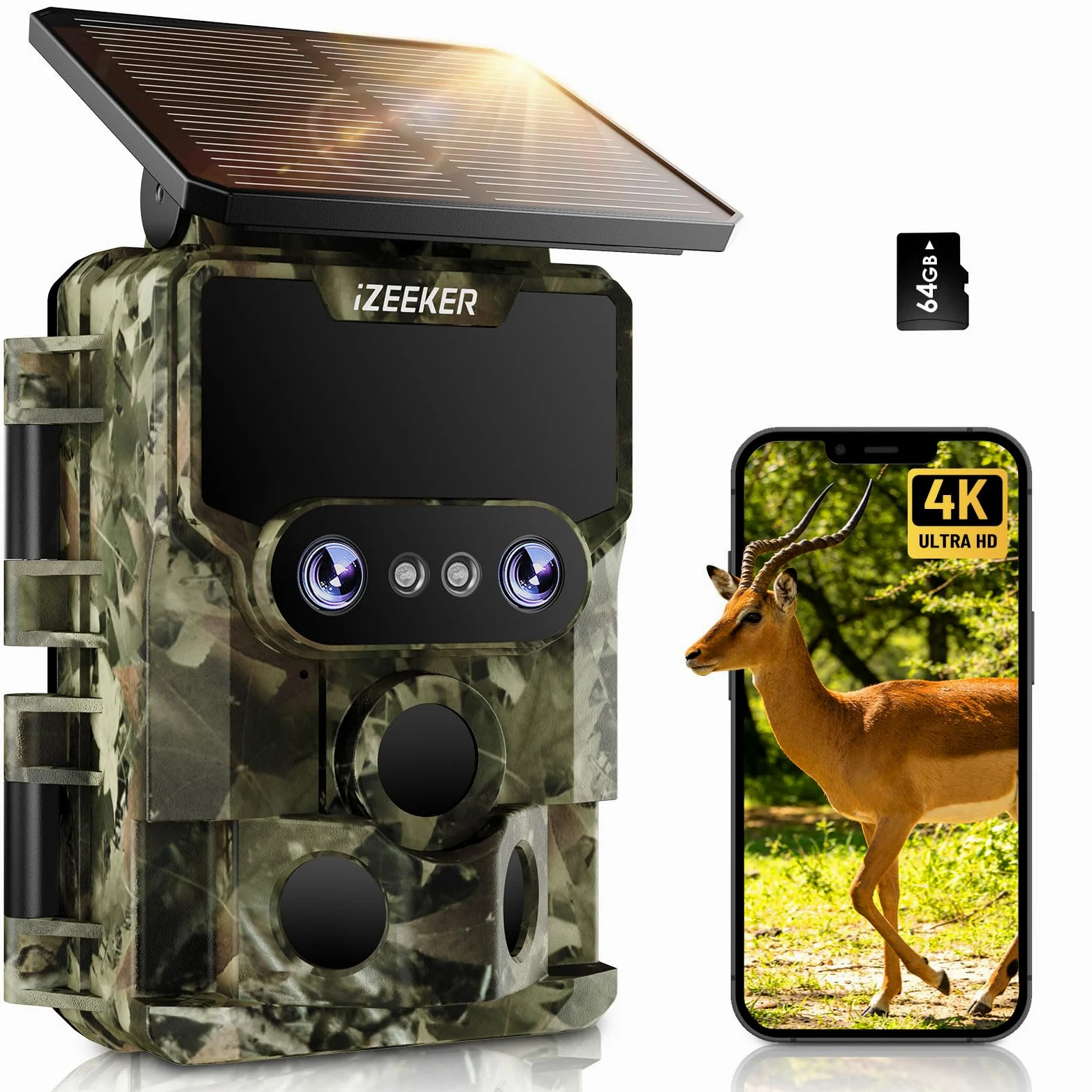 iZEEKER Cámara de Caza WiFi, 4K 60MP Dual Lens Cámara Fototrampeo Caza con Visión Nocturna Starlight, Ángulo de Detección de 120°, 0.1s Tiempo de Activación con Tarjeta SD de 32GB y 4 Pilas AA