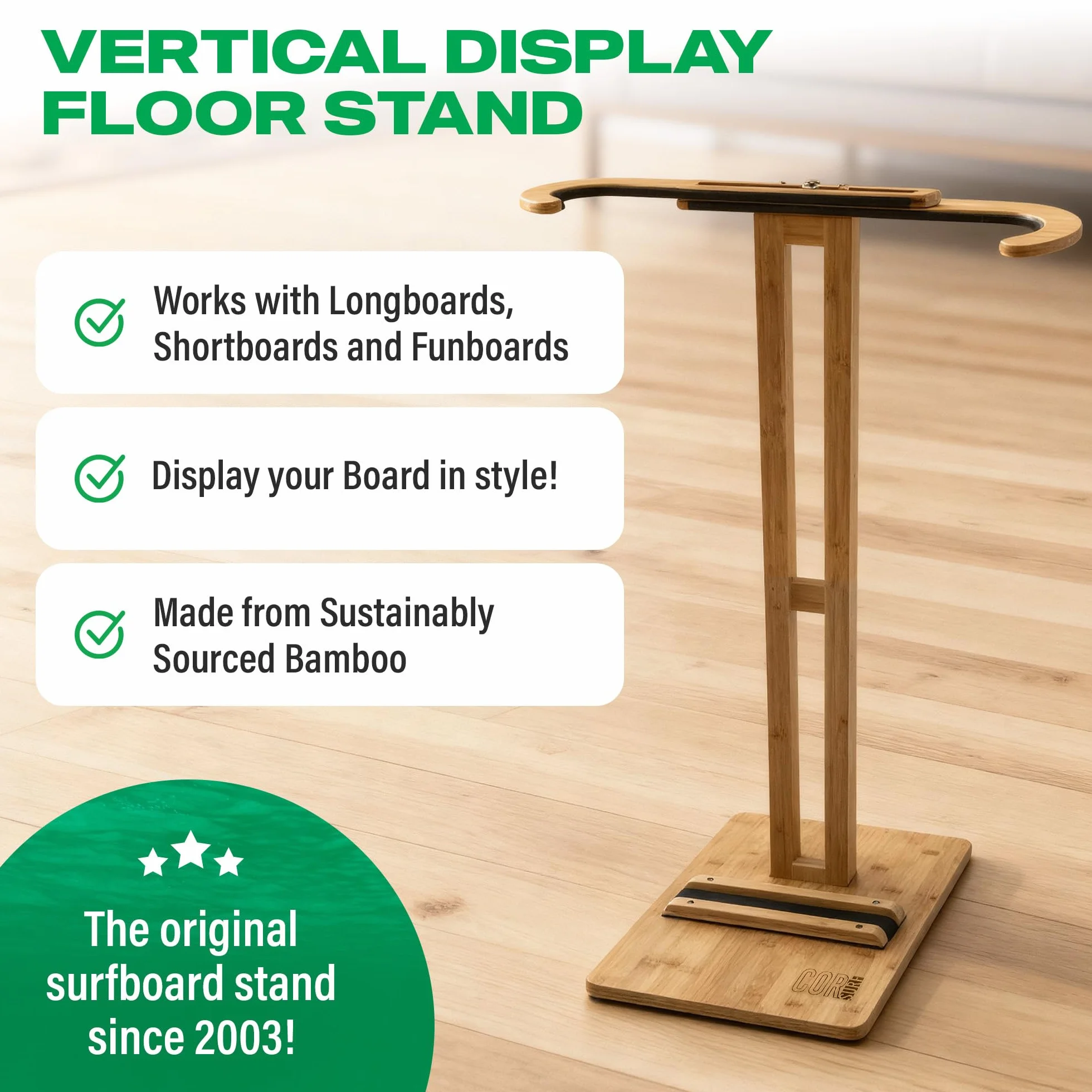 Pie de bambú para tablas de surf | Soporte para exponer tu tabla