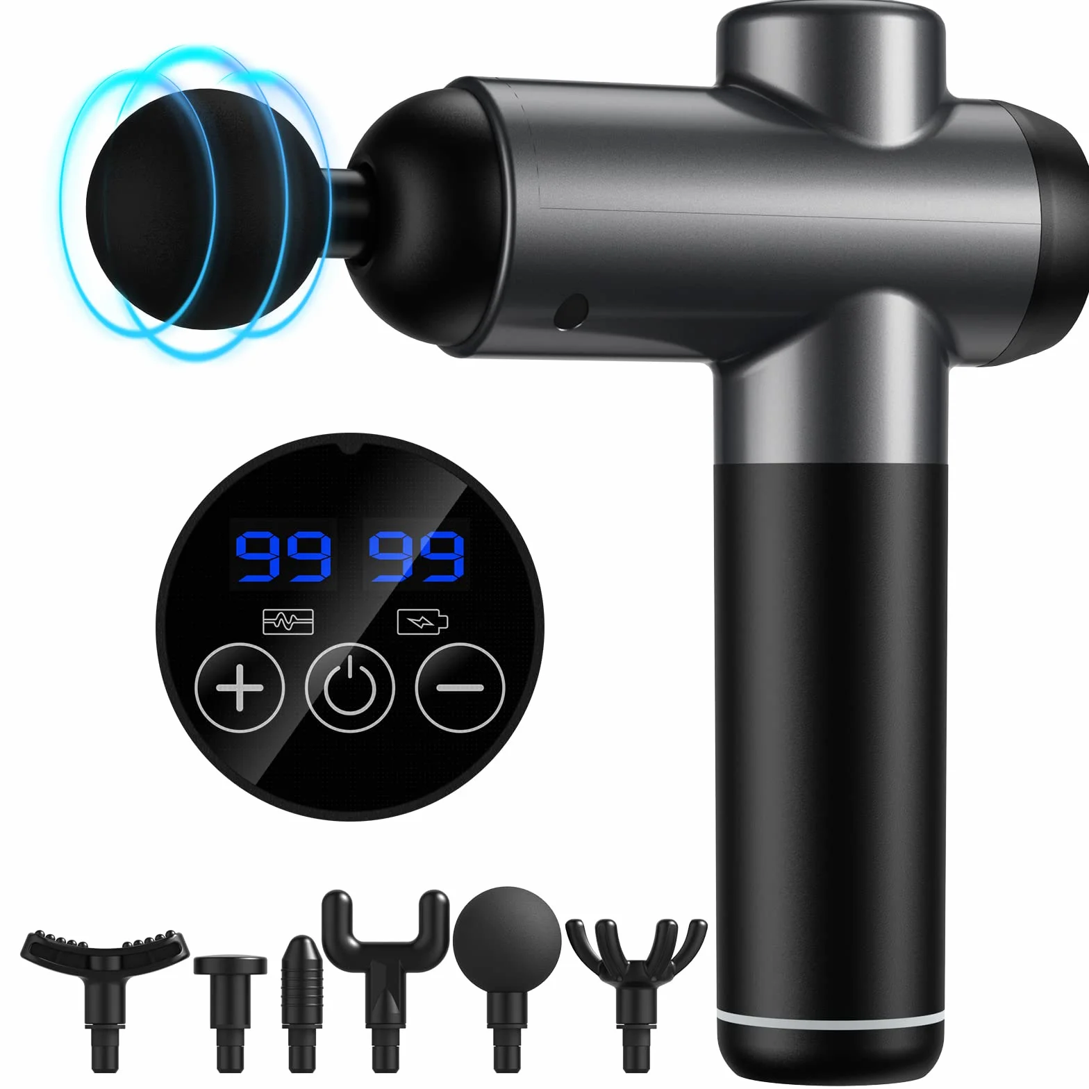 Pistola de Masaje Muscular de Tejido Profundo con 99 Niveles Ajustables, 6 Cabezales, Pantalla LCD Táctil, Negro Carbón