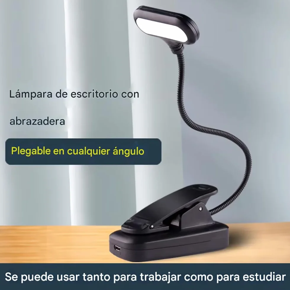 Lámpara portátil de lectura con pinza LED 5 luces, cuello flexible 360º, para noche cama escritorio infantil