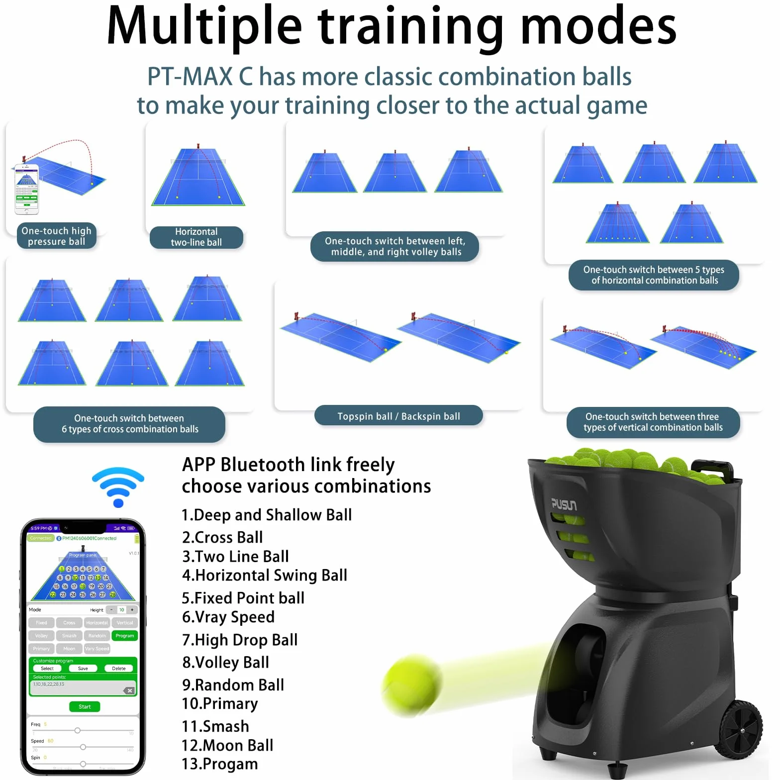 Genérico PT-MAX C Máquina Lanzadora de Tenis - 28 Puntos de Caída, 26 Modos, Control por App, Velocidad Variable 2.5s, Función Aleatoria, Batería 7h, Entrenamiento Profesional (Blanco)