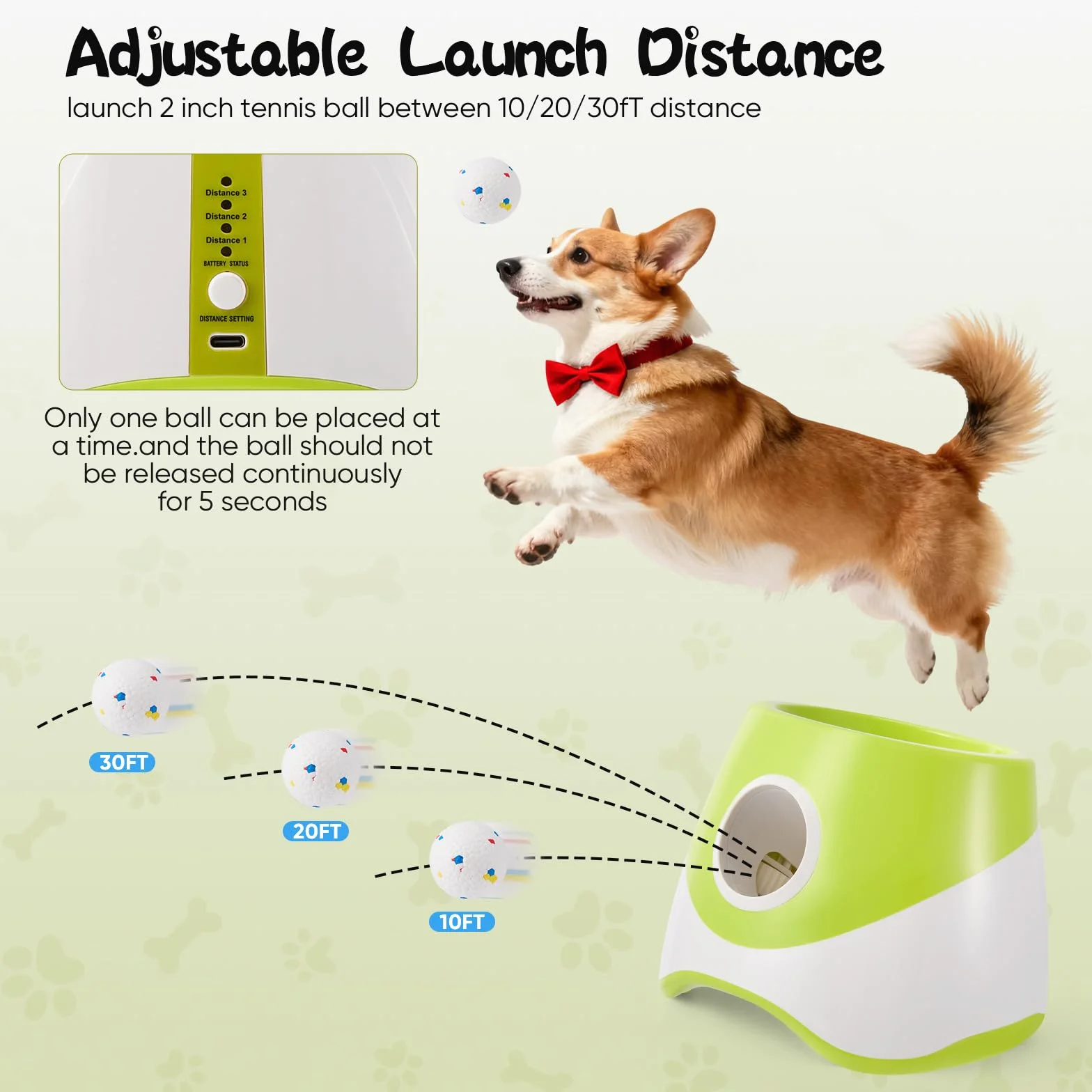 Máquina lanzadora de pelotas para perros, con 6 pelotas de tenis, con 3 niveles de distancia (6-14 m), recargable, para perros pequeños, color verde