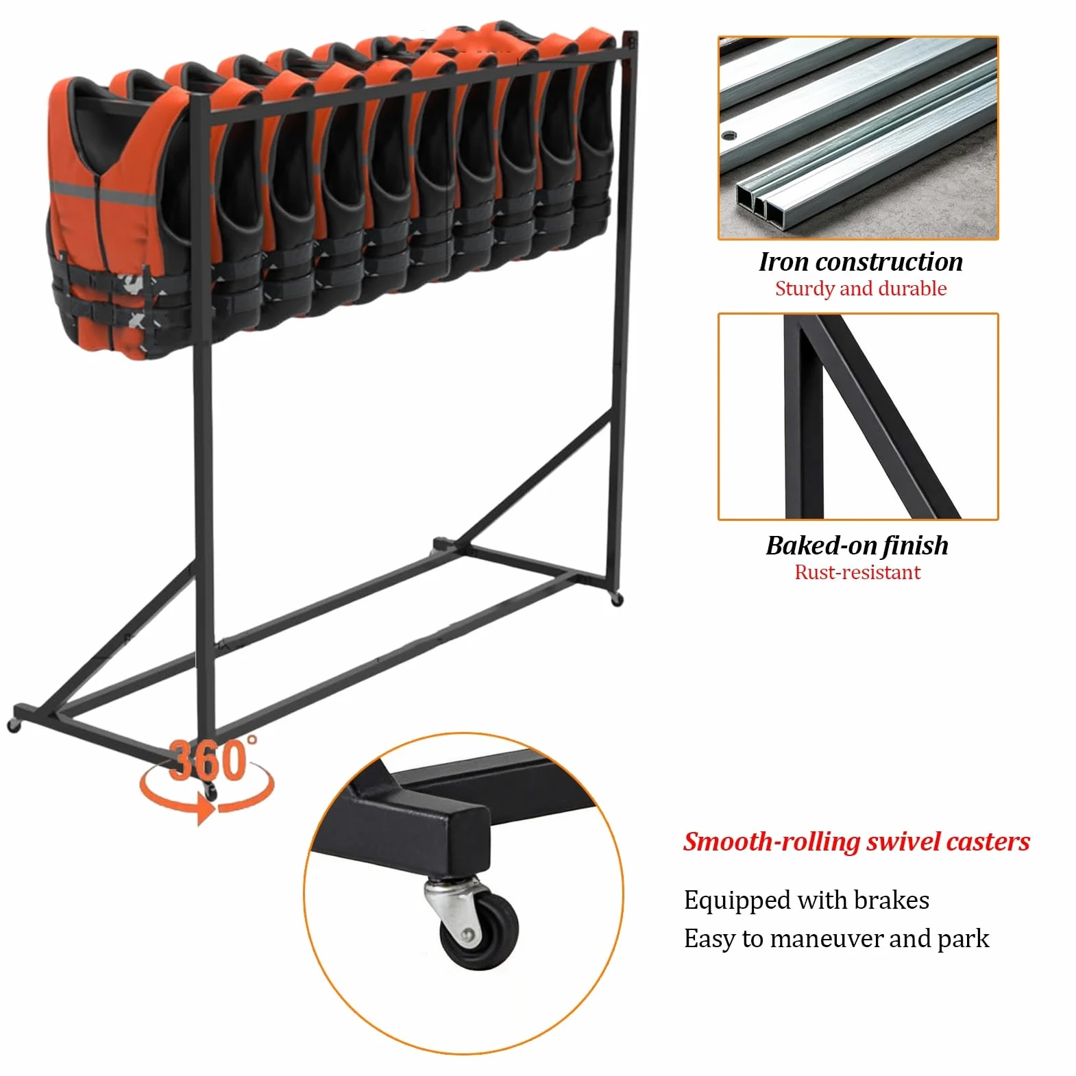 Estante Resistente para Chalecos Salvavidas, Soporte Independiente para Trajes de Neopreno y Chalecos, Organizador de Accesorios de Piscina con Ruedas giratorias(2-Tier)