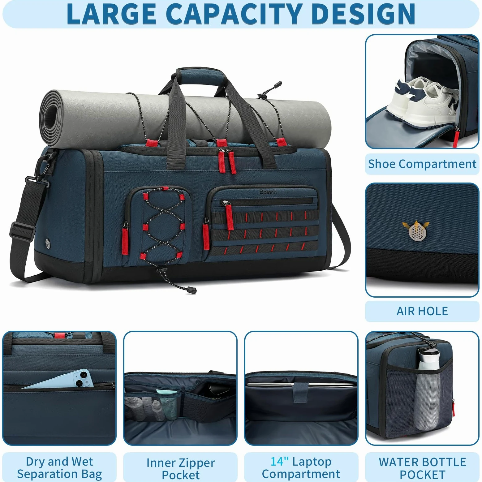 Bosstin - Bolsa de Deporte para Hombre y Mujer (45 L, Bolsa de Viaje, Bolsa de Deporte, Bolsa de Fin de Semana, Mochila de Noche con Compartimento para Zapatos