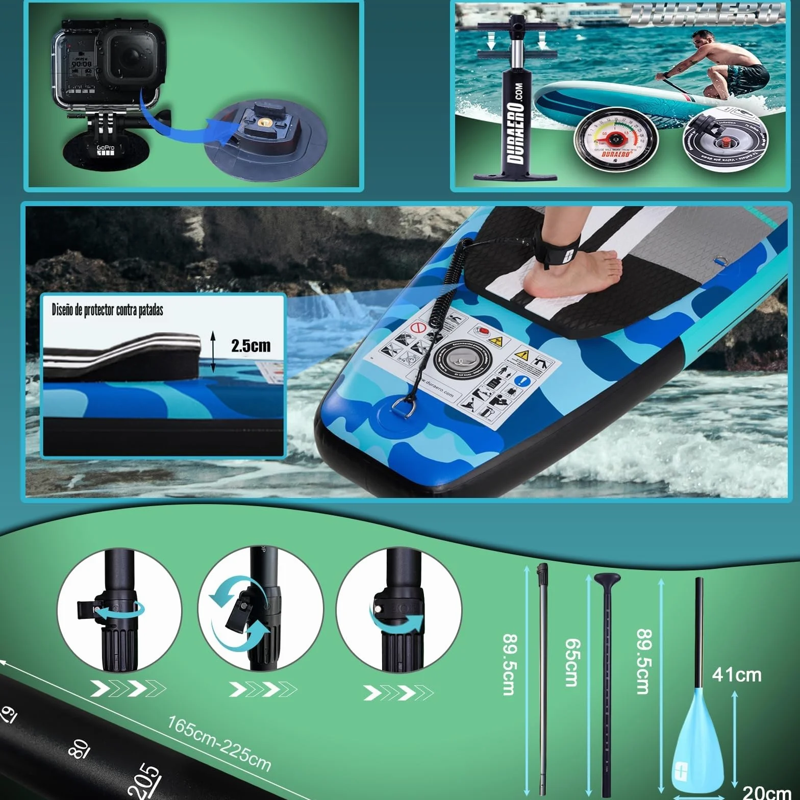 Tabla Hinchable de Paddle Surf con Asiento de Kayak, 330 x 76 x 15 cm, hasta 150 kg, Almohadilla Integrada, Aleta Desmontable, Doble Remo Ajustable, Kit de Reparación, Camuflaje Azul