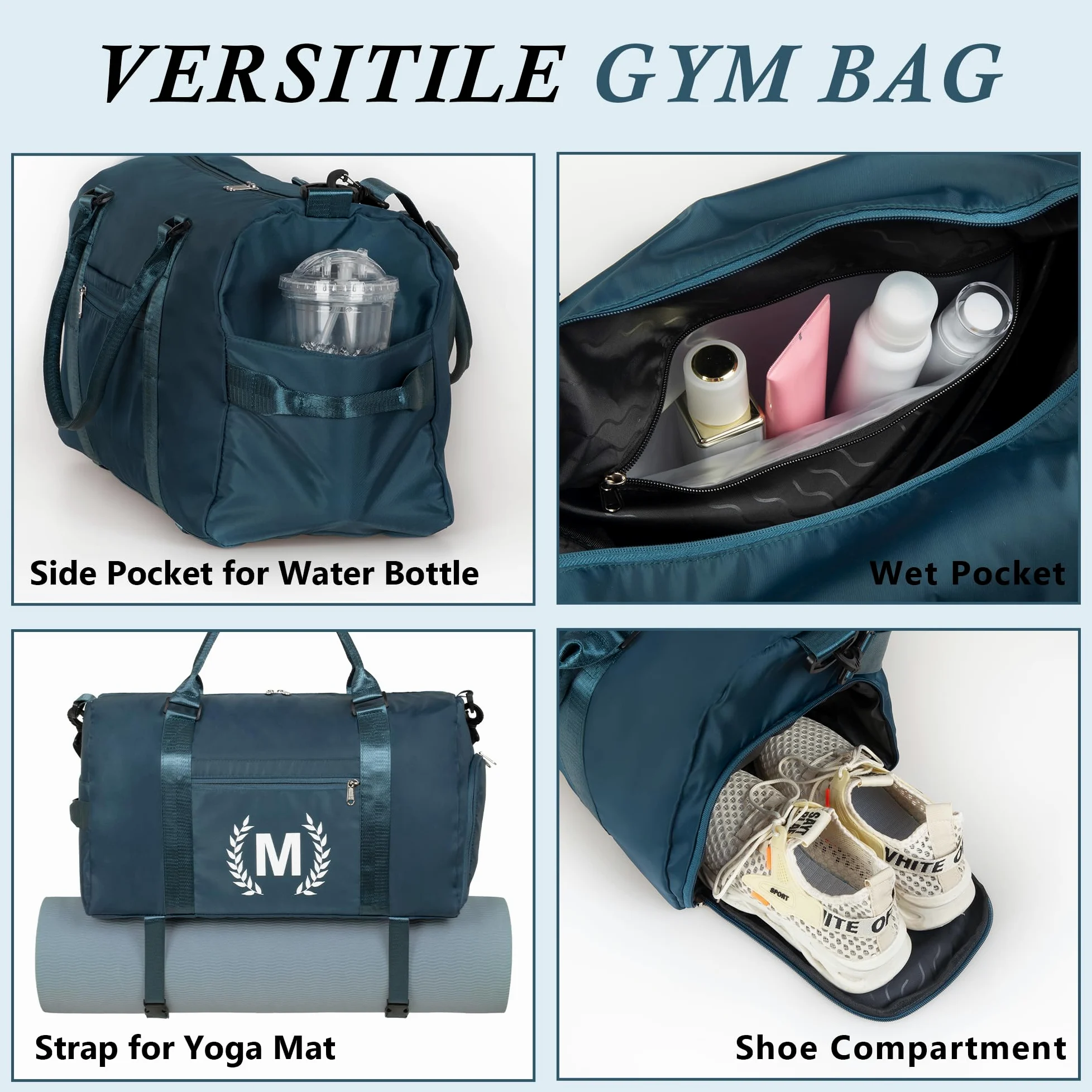 Bolsa de gimnasio para mujer, bolsa de lona personalizada con compartimento para zapatos, bolsa deportiva para yoga y baile, con bolsillo húmedo y correa para alfombrilla., azul, (Peacockblue), C