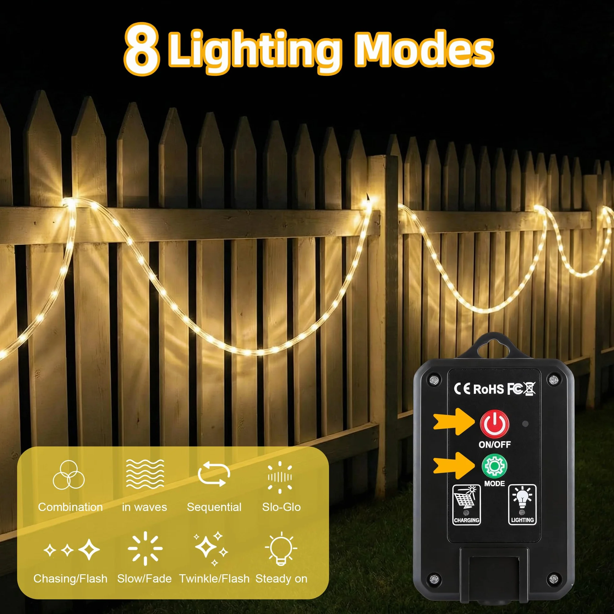 Guirnalda de luces LED solar exterior 10 m 100 LED IP45 8 modos luz blanca cálida