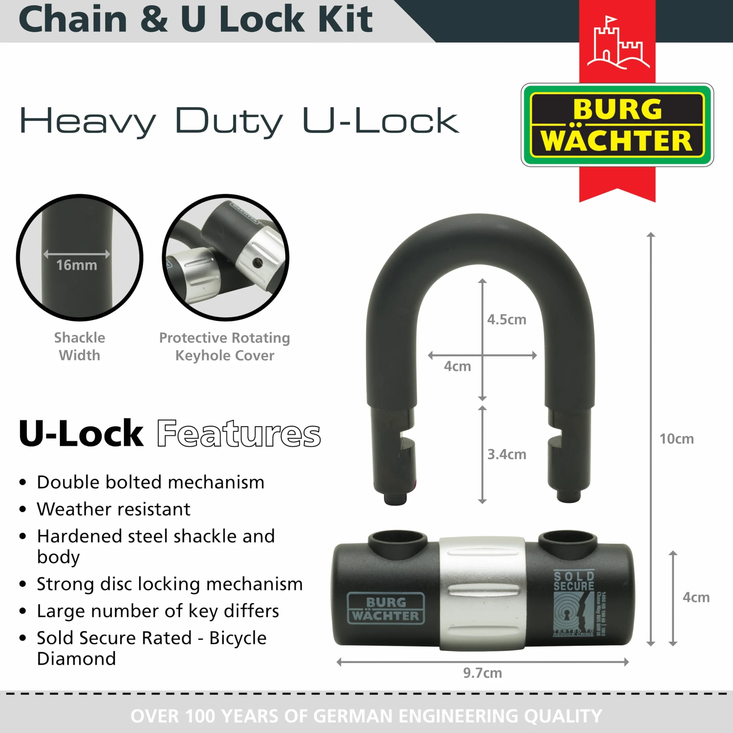 Burg-Wachter - Cadena de seguridad para bicicleta de 12 mm, color negro, 2 m