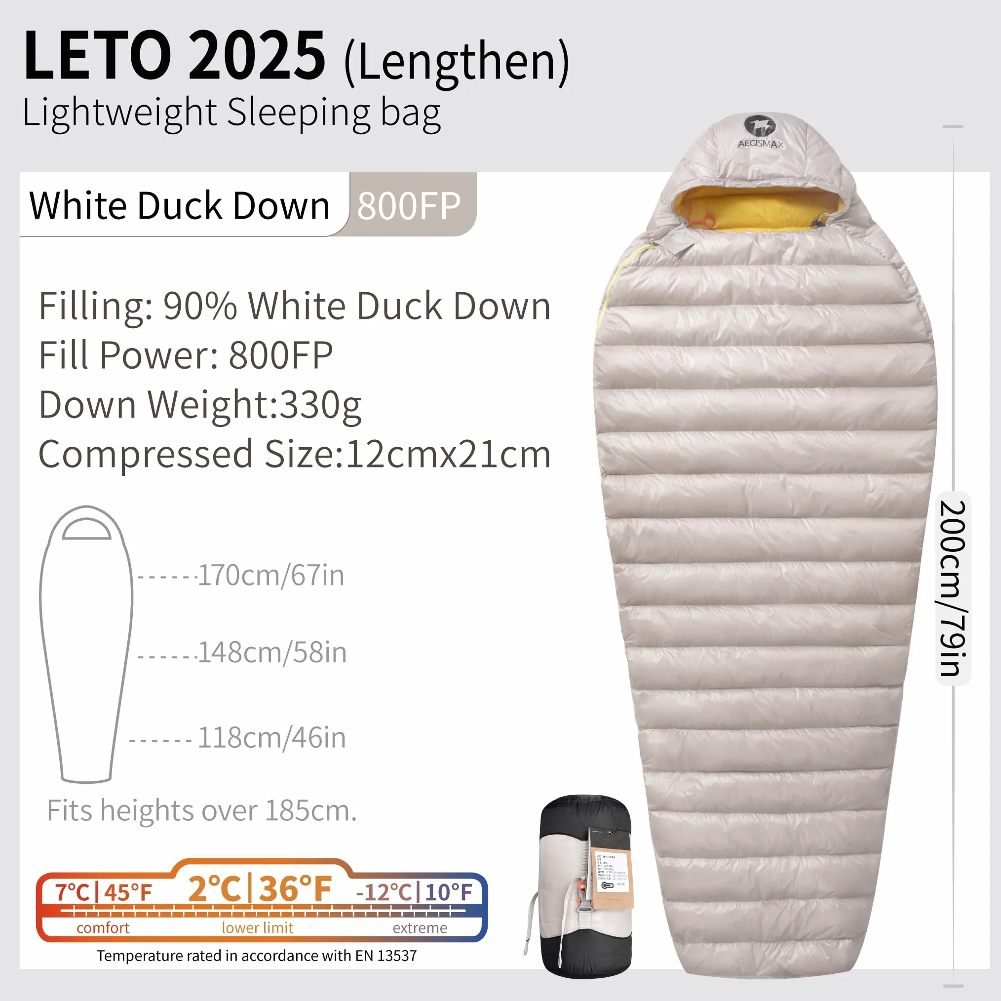 Leto 2025-M/L Series 800FP - Saco de Dormir Ultraligero para Acampar al Aire Libre