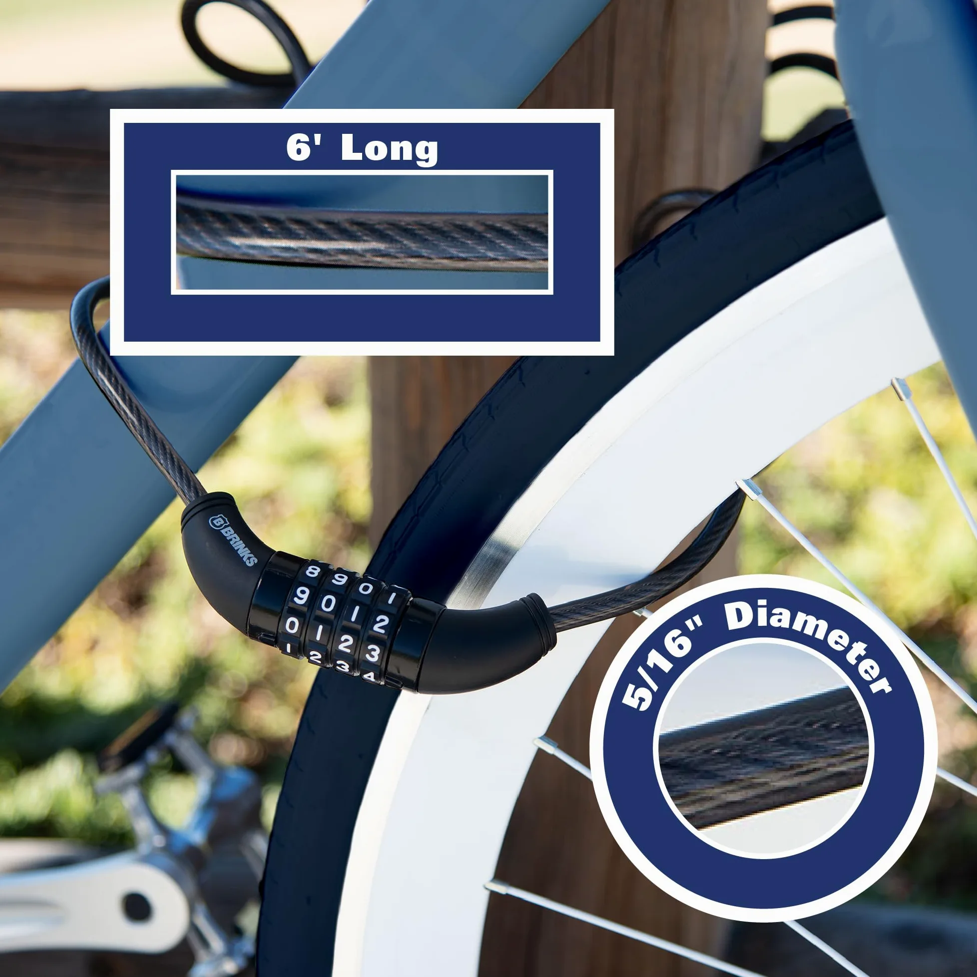 BRINKS Cable de bloqueo de bicicleta para exteriores de 6 pies con combinación de 4 esferas reiniciables, acero flexible autoenrollable, envoltura protectora de vinilo, seguro y duradero, 5/16