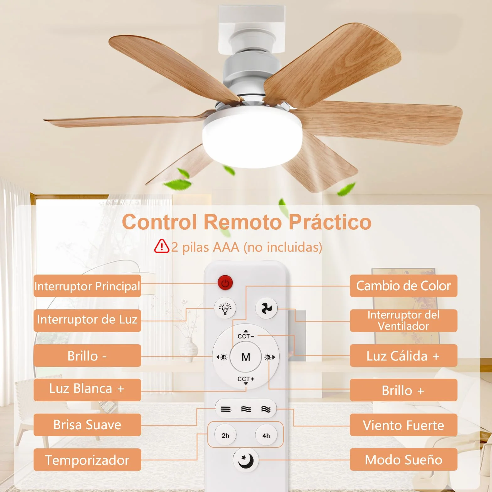 Ventilador de Techo con Luz y Mando a Distancia, 51CM, Regulación Continua de Luz, 3 Velocidades, Temperatura de Color Regulable