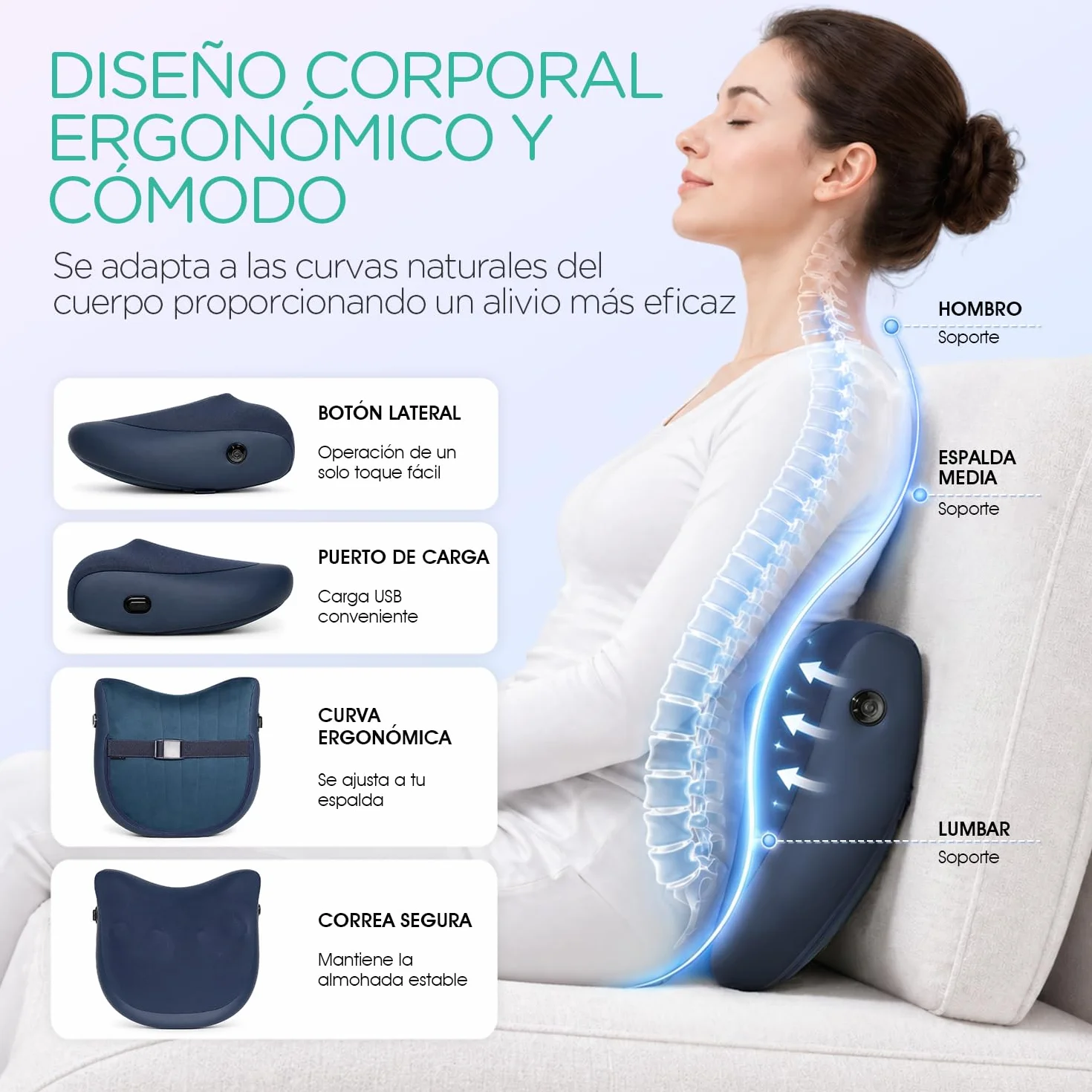 Cojín Masajeador Shiatsu Inalámbrico Recargable Cervical y Espalda Alivio Dolor Masaje Profundo Silencioso YZ300 Azul