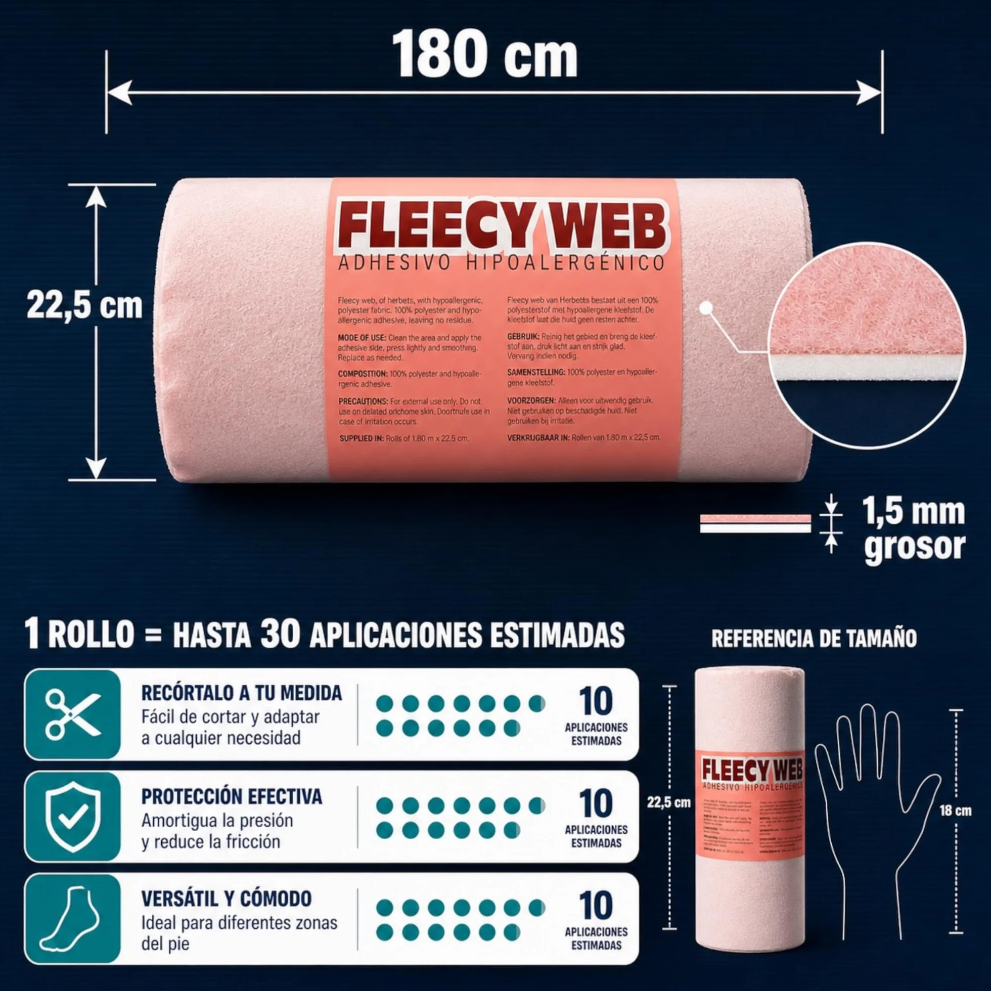 Fieltro Adhesivo 1.5mm Rollo Almohadillas para Pies Protección Plantar Podologia Recortable Pie Diabetico Juanetes Talones