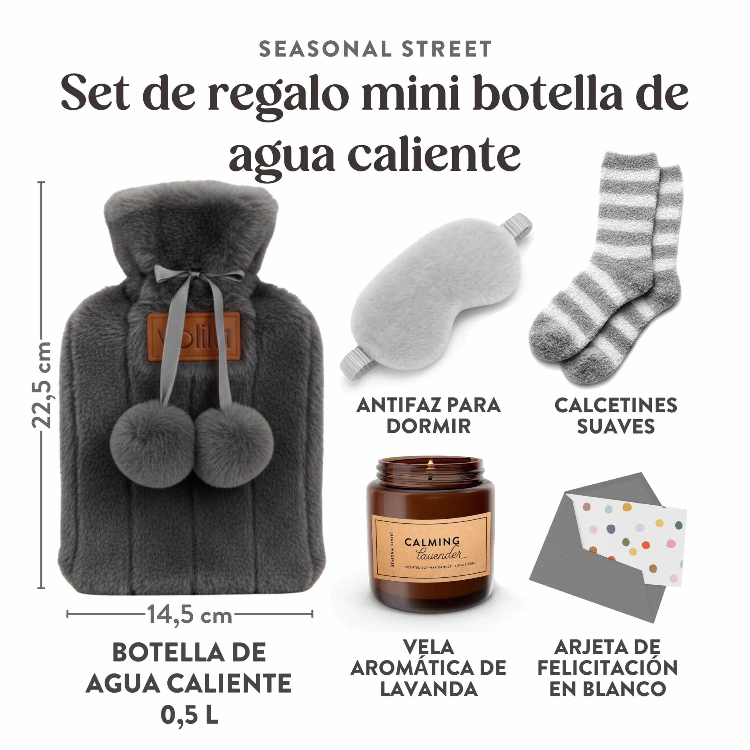 Regalo Mujer Set con Bolsa de Agua Caliente Gris, Calcetines de Felpa, Vela de Lavanda, Máscara para Ojos