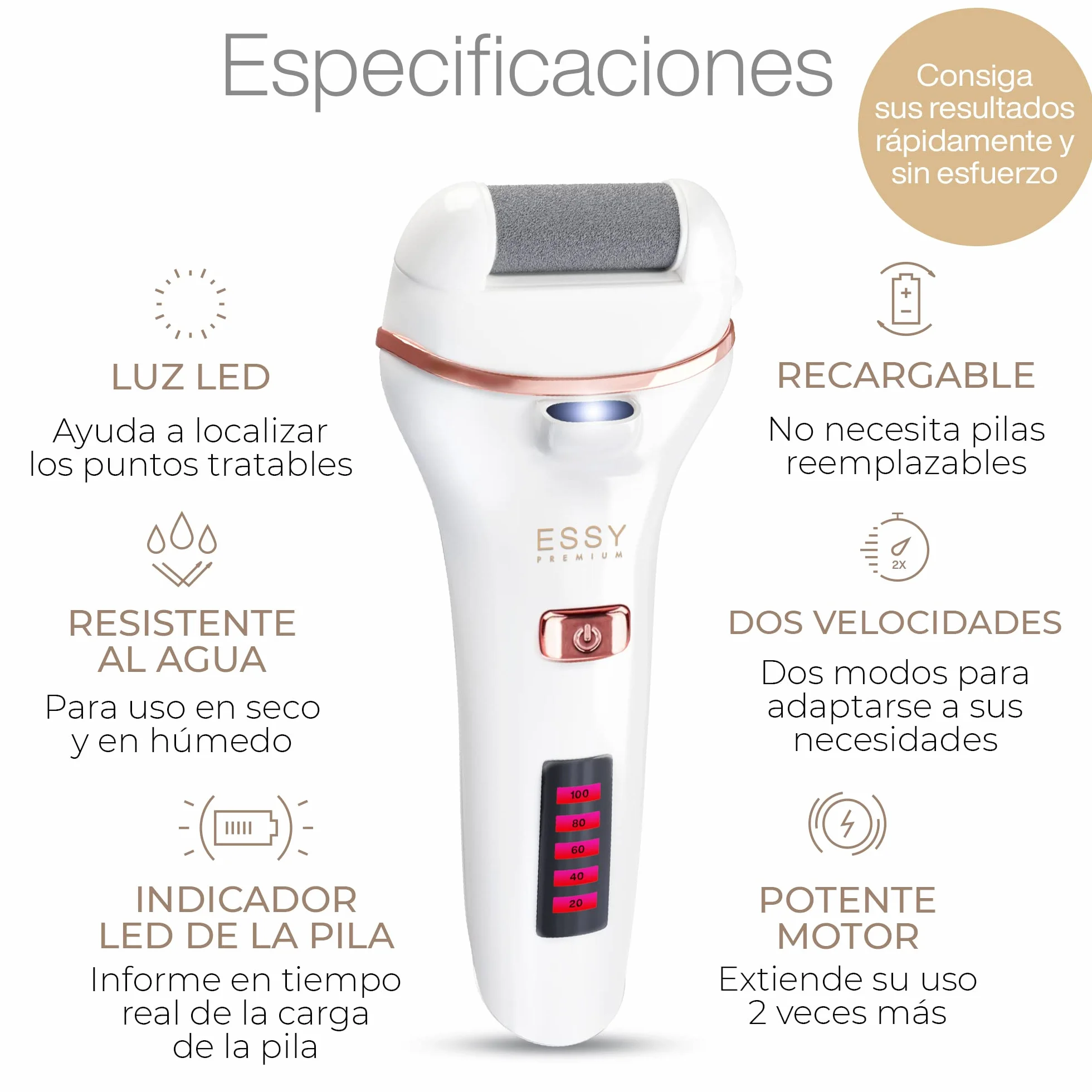 Lima Eléctrica para Pies con 5 Rodillos de Repuesto – Removedor de Callos Recargable, 2 Velocidades, Pantalla LED, Carga USB, Kit de Pedicura Blanco
