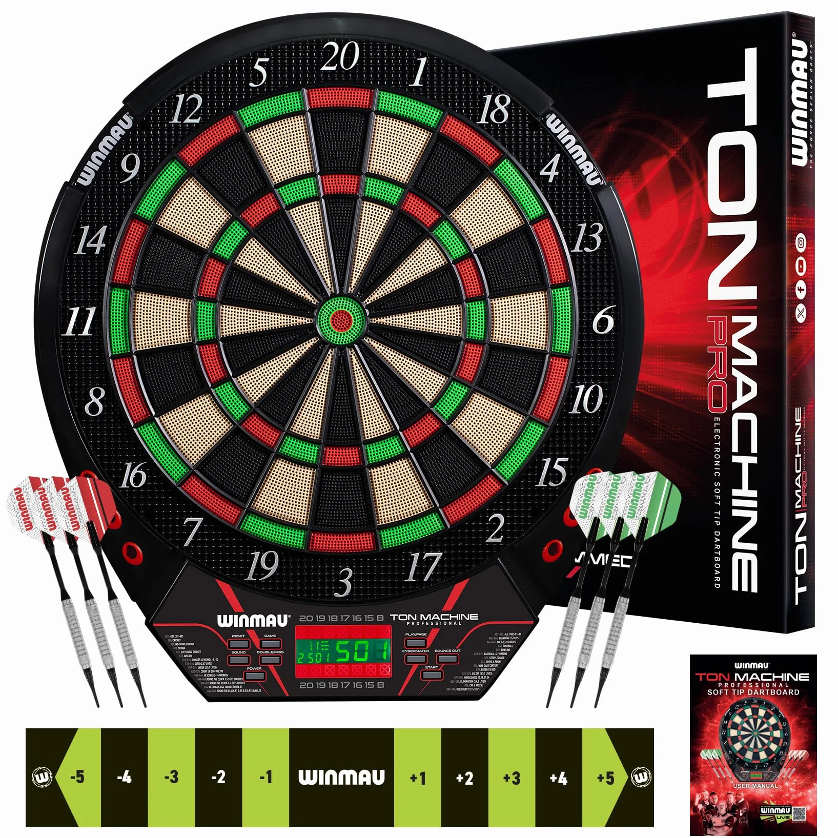 WINMAU Darts - Ton Machine Tablero de Dardos electrónico con más de 90 Juegos y Marcador Digital para 8 Jugadores: 2 Juegos de Dardos de Punta Blanda, línea de Lanzamiento y Puntas de plástico