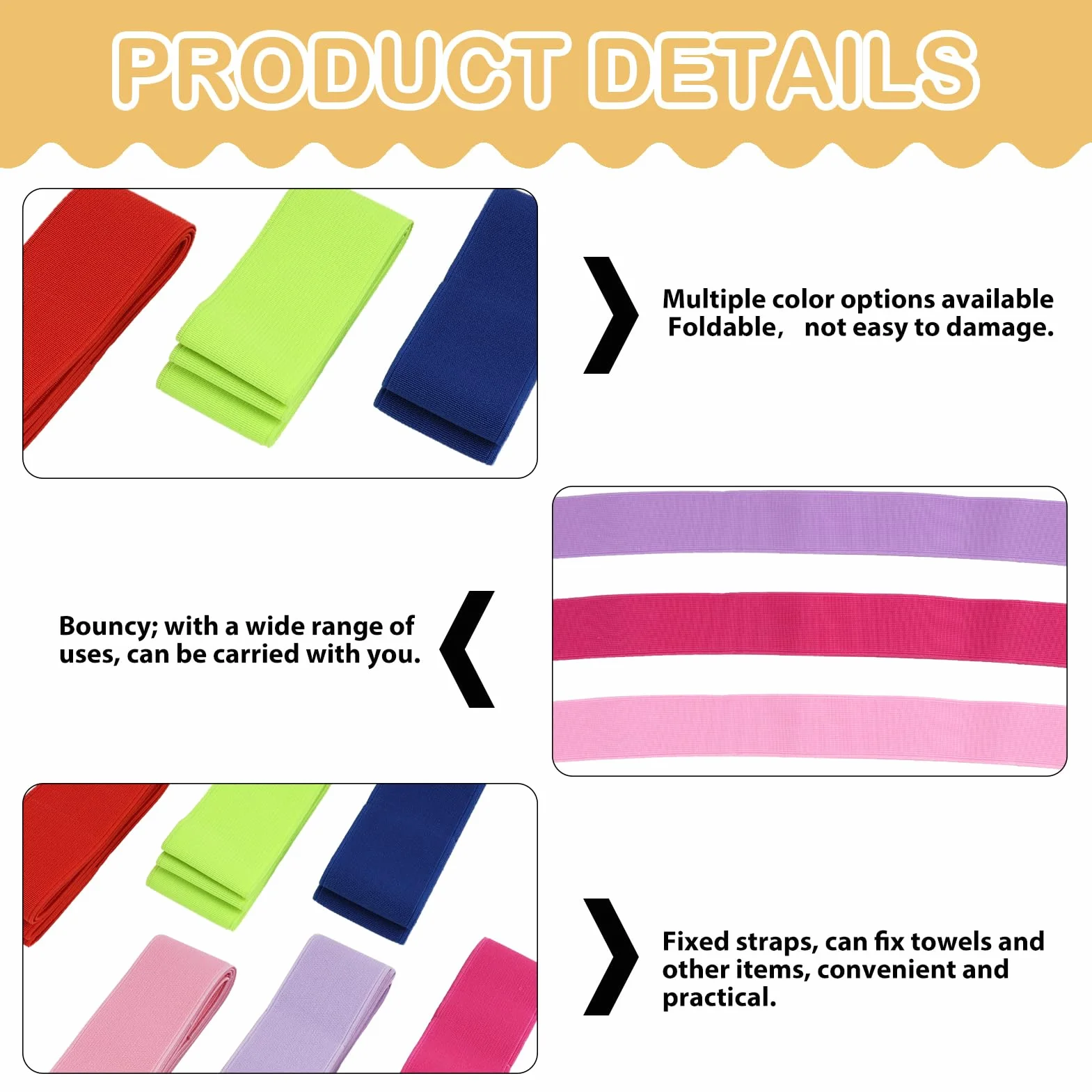 Paquete de 6 bandas de toalla para crucero, playa, tumbona, piscina, sillas de piscina, clips de toalla elásticos extra duraderos, sin broches, accesorios esenciales para cruceros y playa