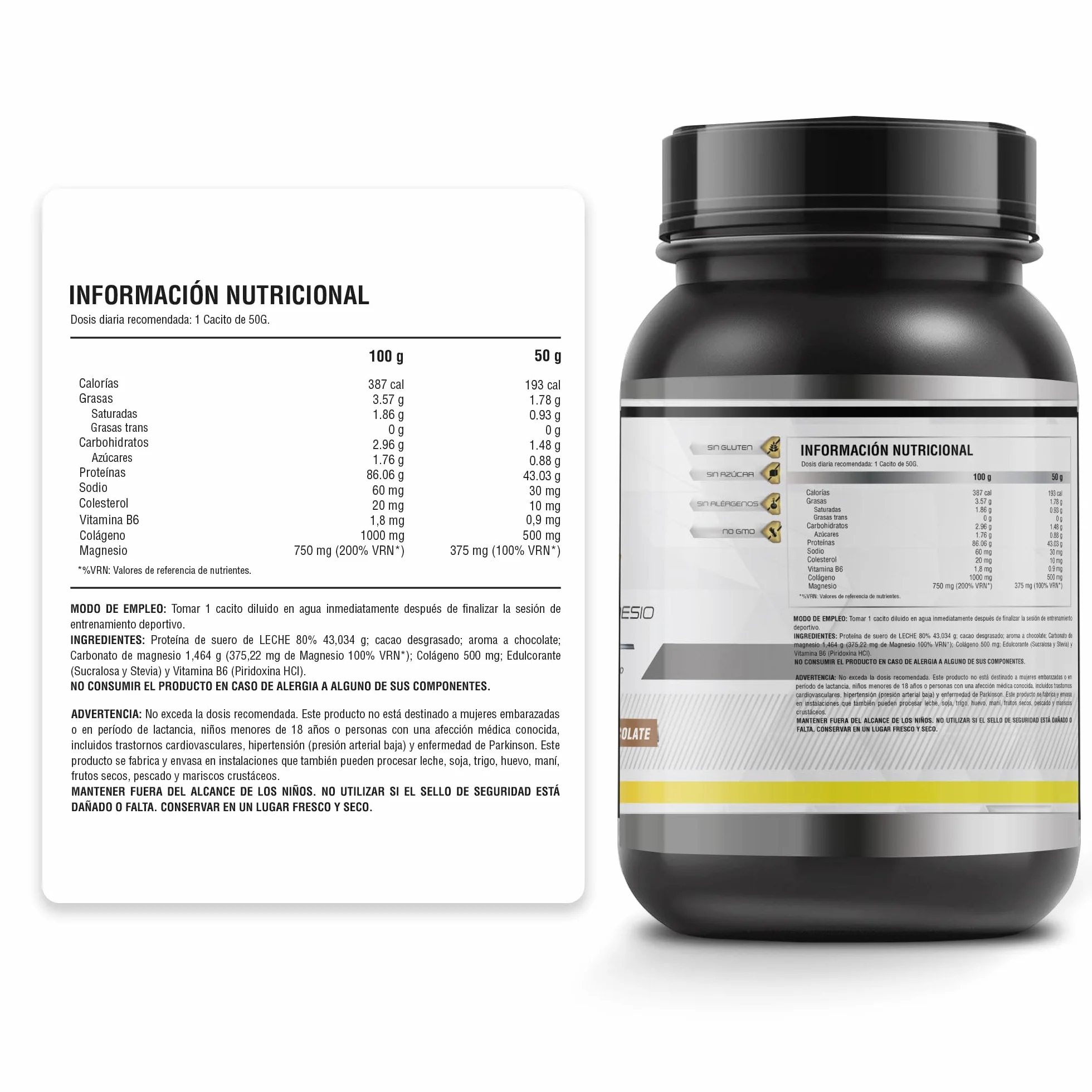 Whey Protein 1KG Polvo Chocolate 43g Proteína BCAA Glutamina Colágeno Magnesio Vitamina B6